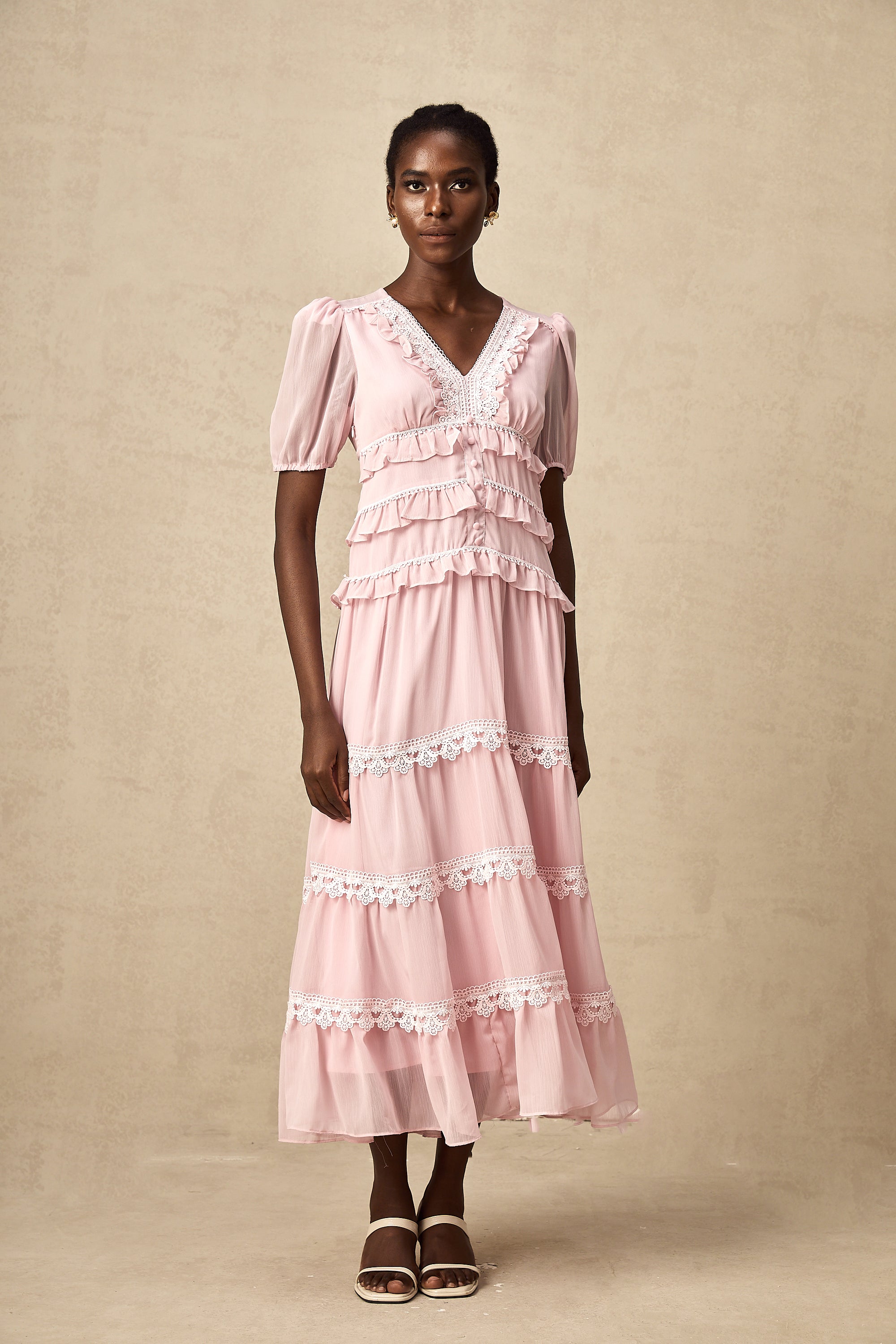 Amelie pink ruffled tiered midi dress