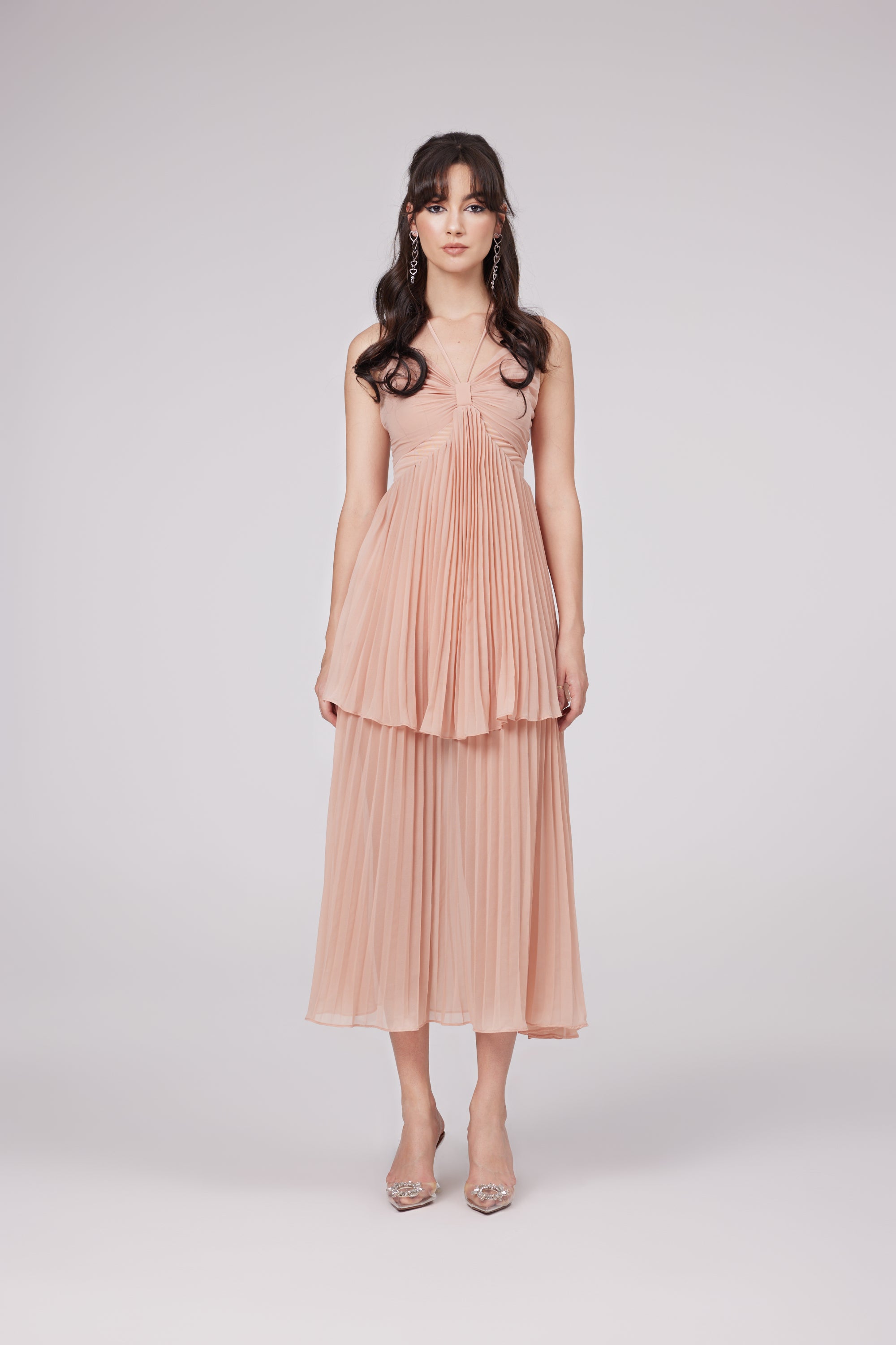 Olympe pink pleated tiered midi dress