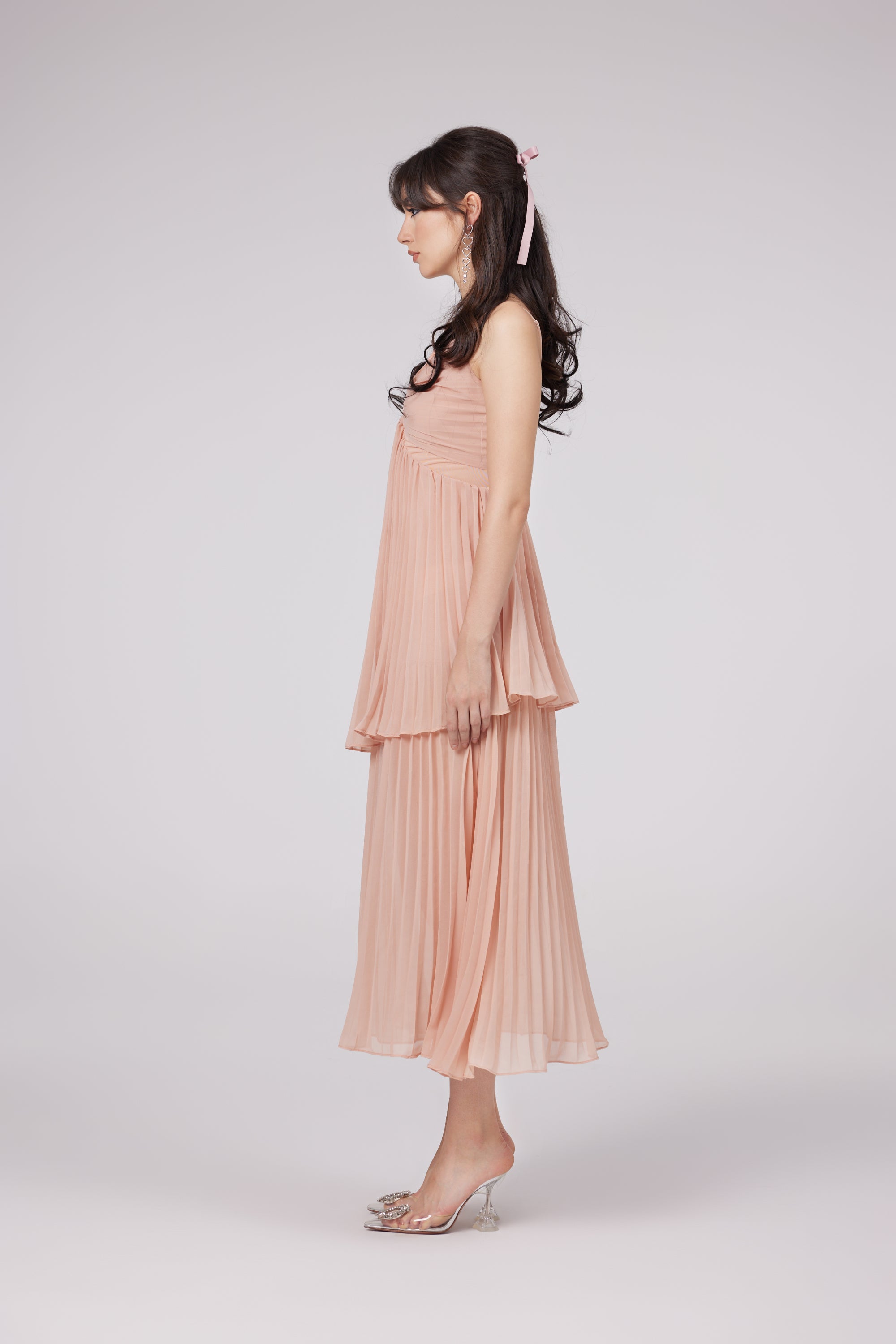 Olympe pink pleated tiered midi dress