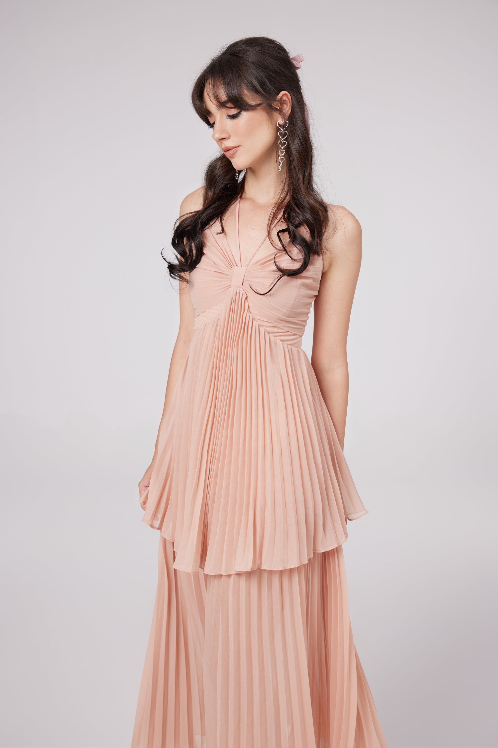 Olympe pink pleated tiered midi dress