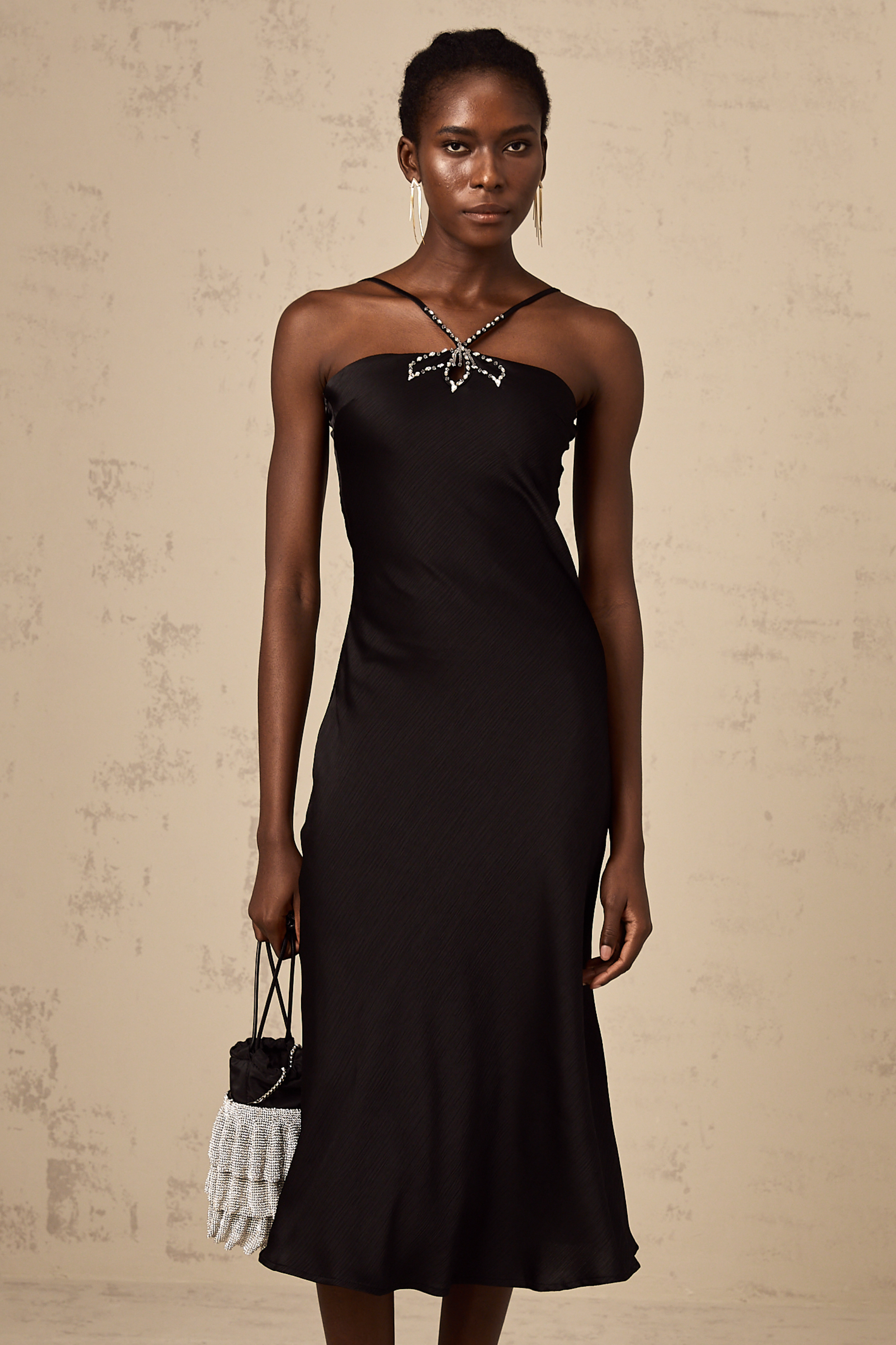 Célia black crystal keyhole-detail midi dress