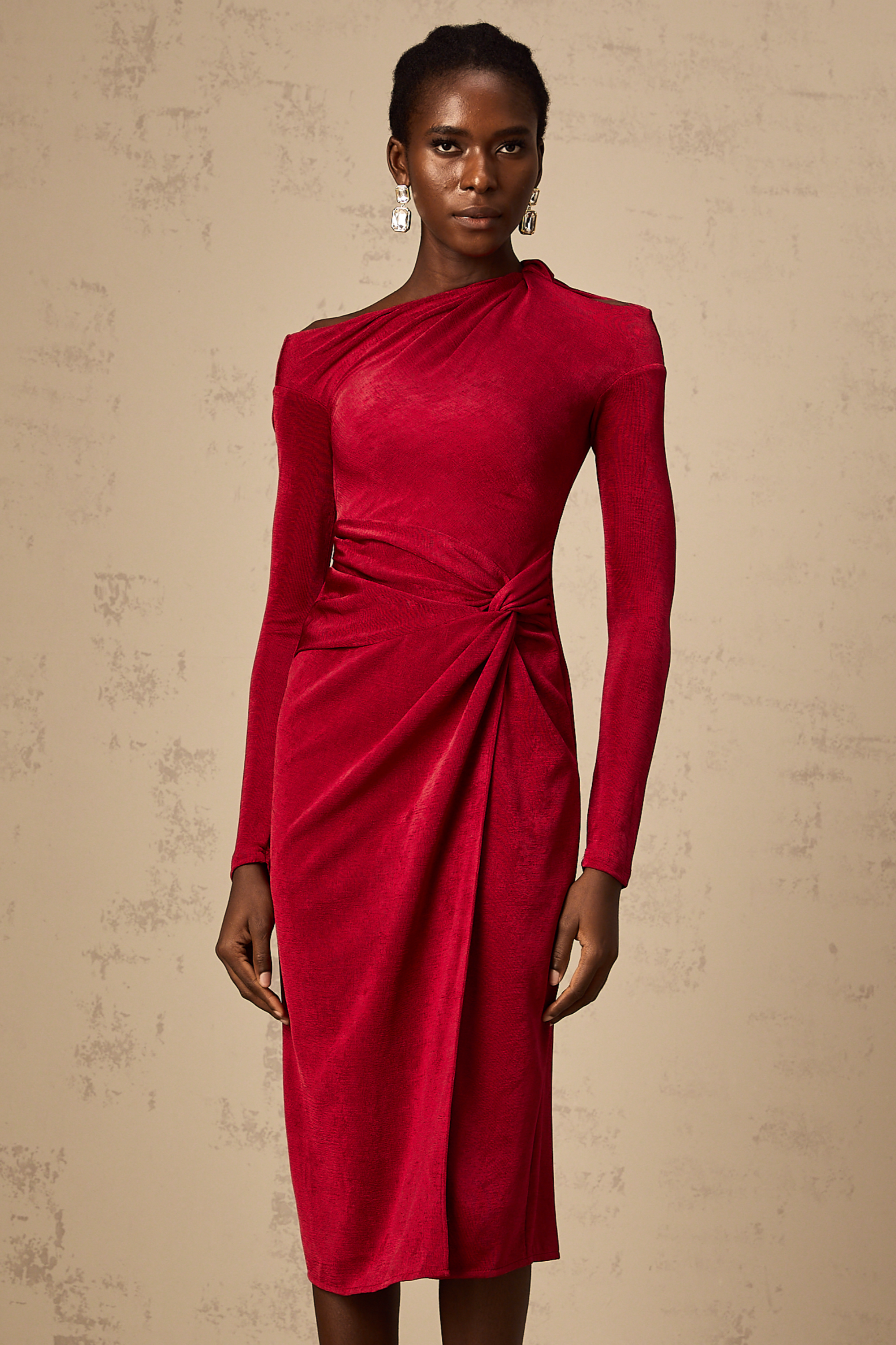 Monica red high-slit gathered midi dress