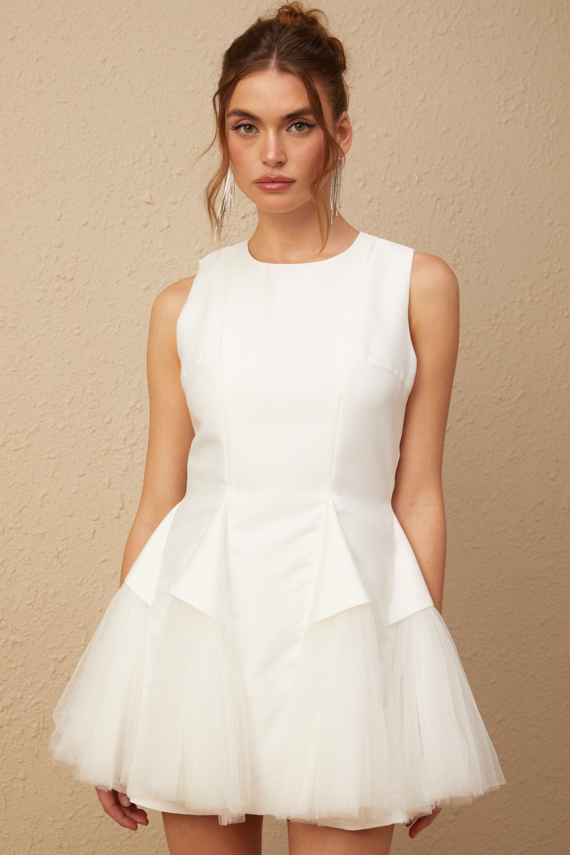 Assunta white puff tulle panelled mini dress