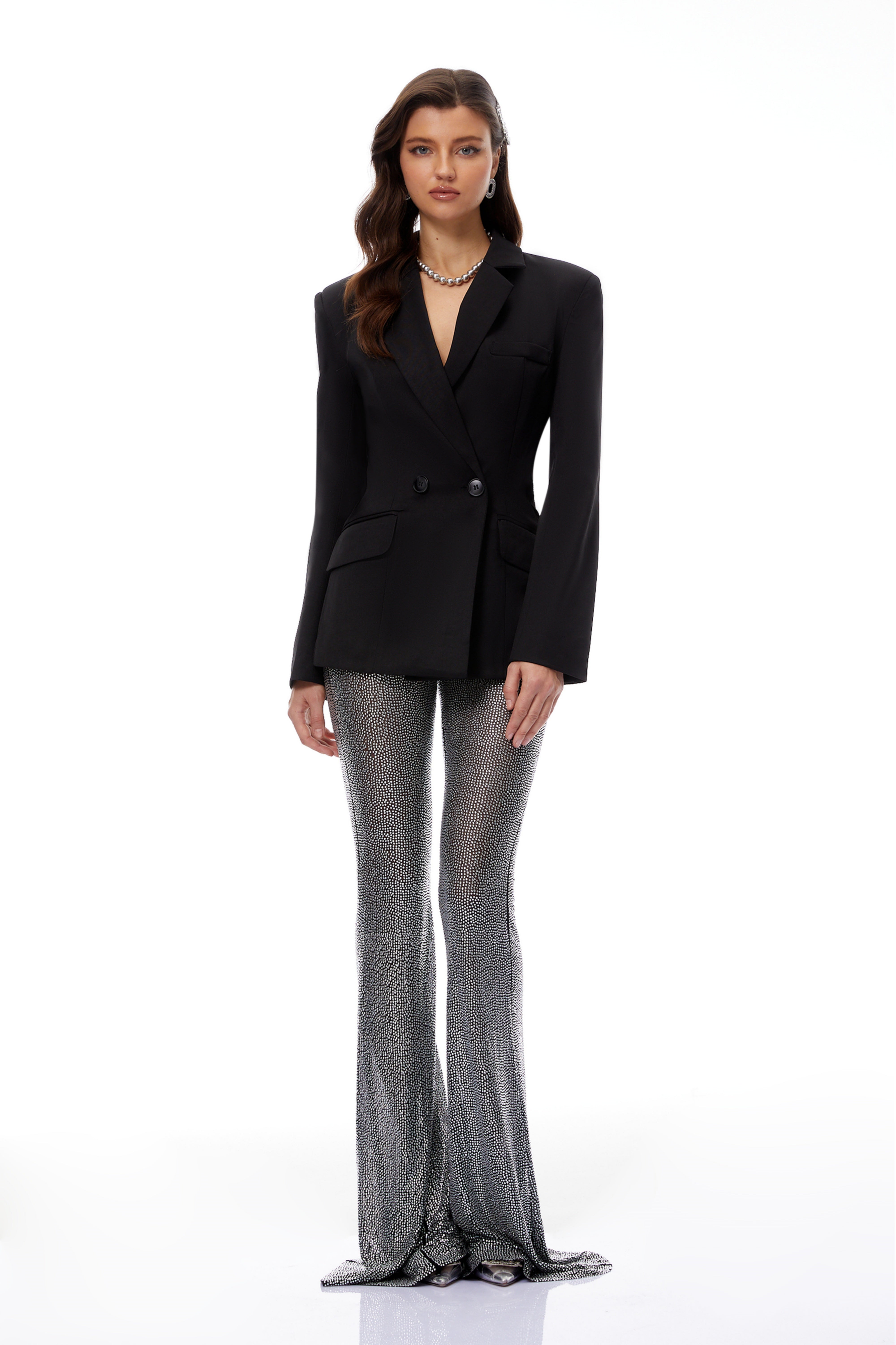 Edda Black Double-Breasted Blazer & Rhinestone Trousers Set