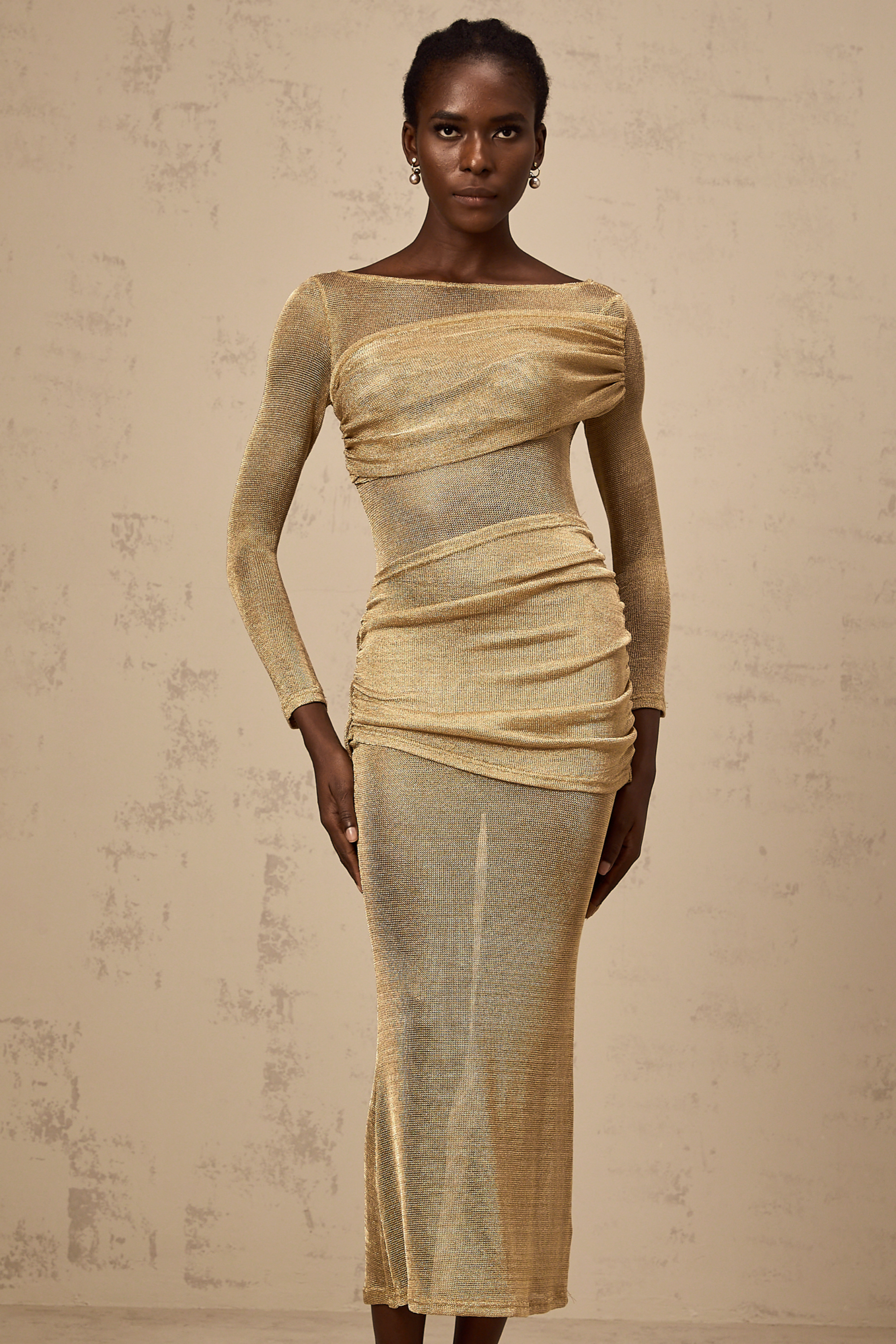 Aline gold smocked metalic midi dress