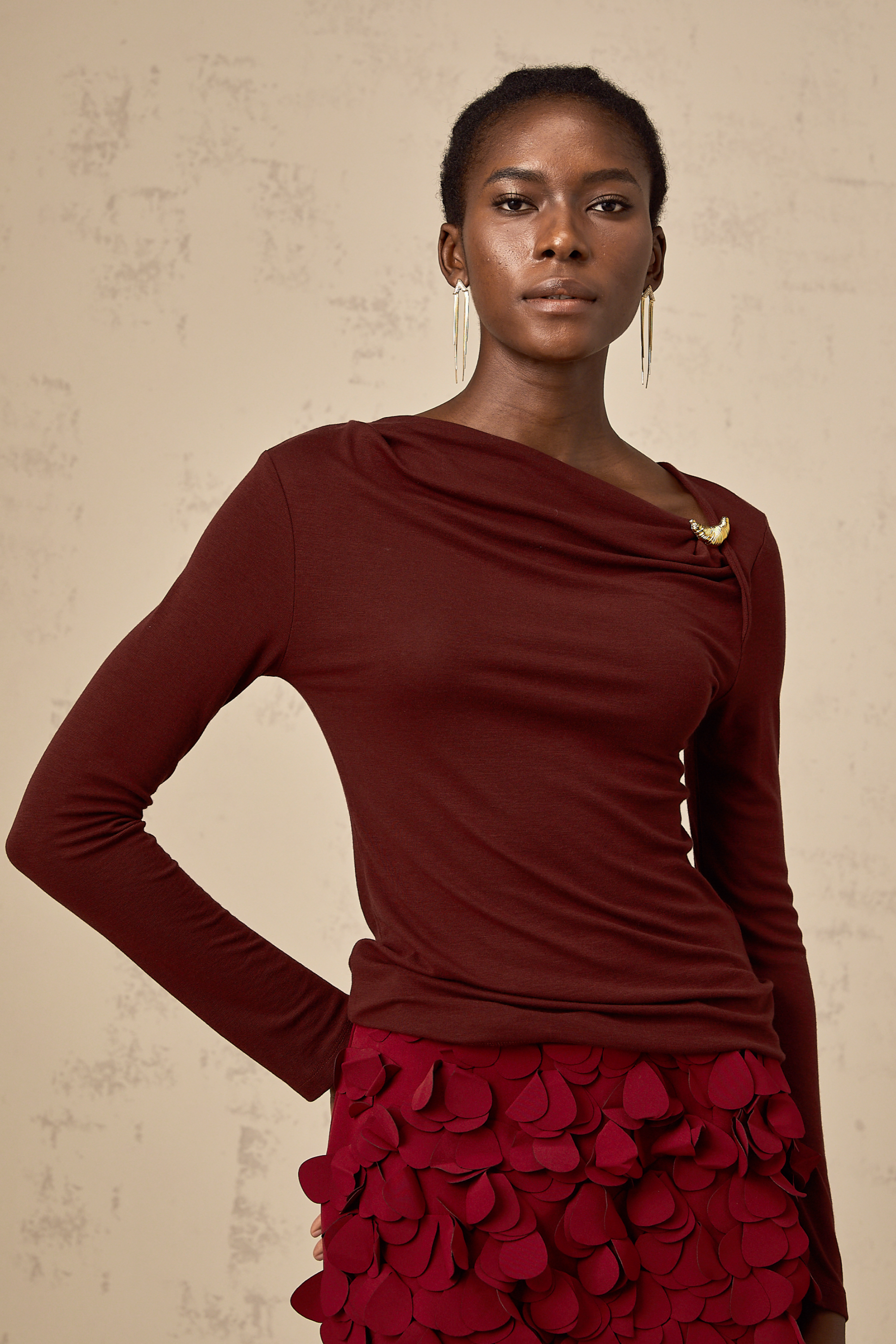 Alita wine-red cowl-neck blouse