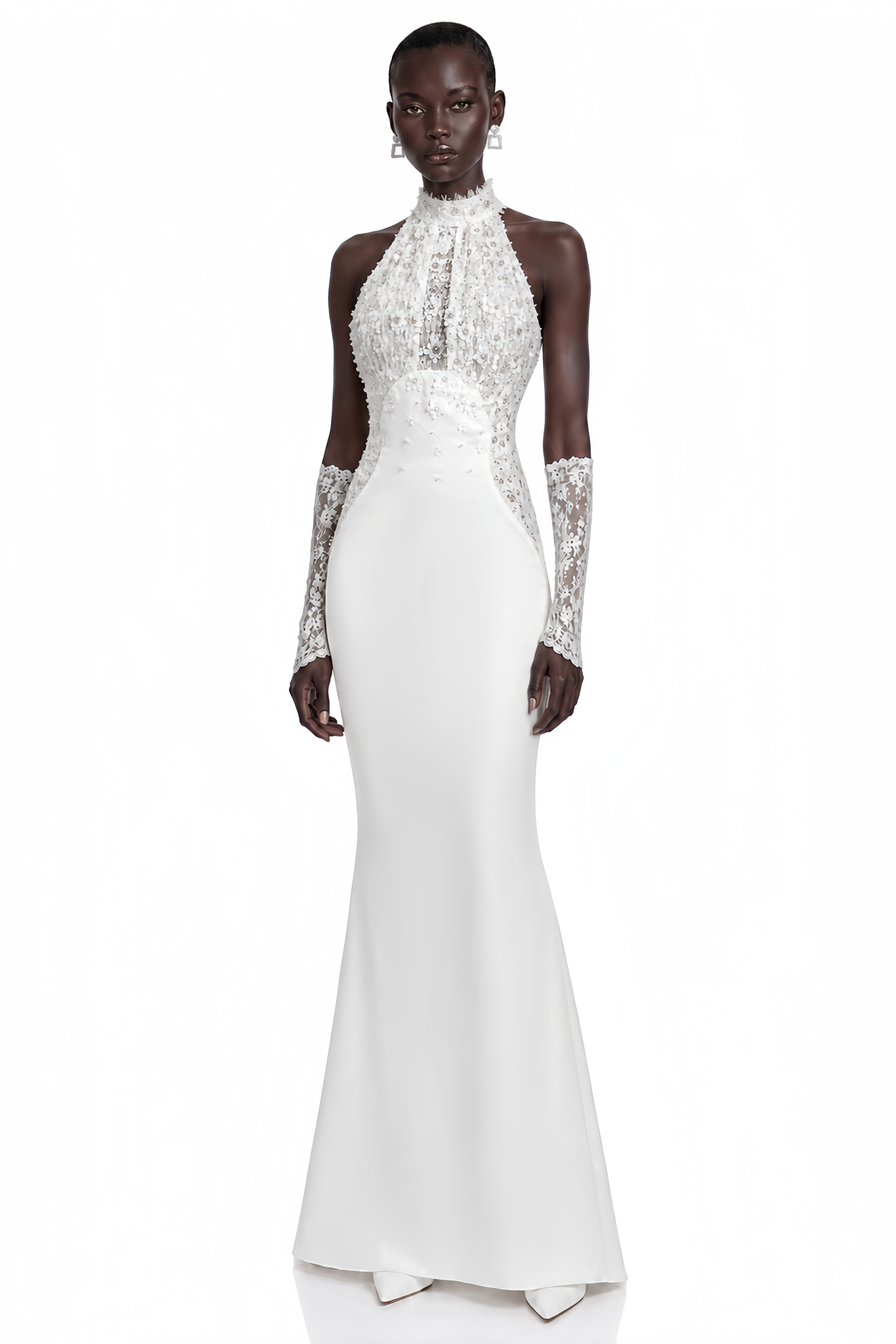 Isabelle White Turtleneck Sequin Ruched Maxi Dress (Without Gloves)