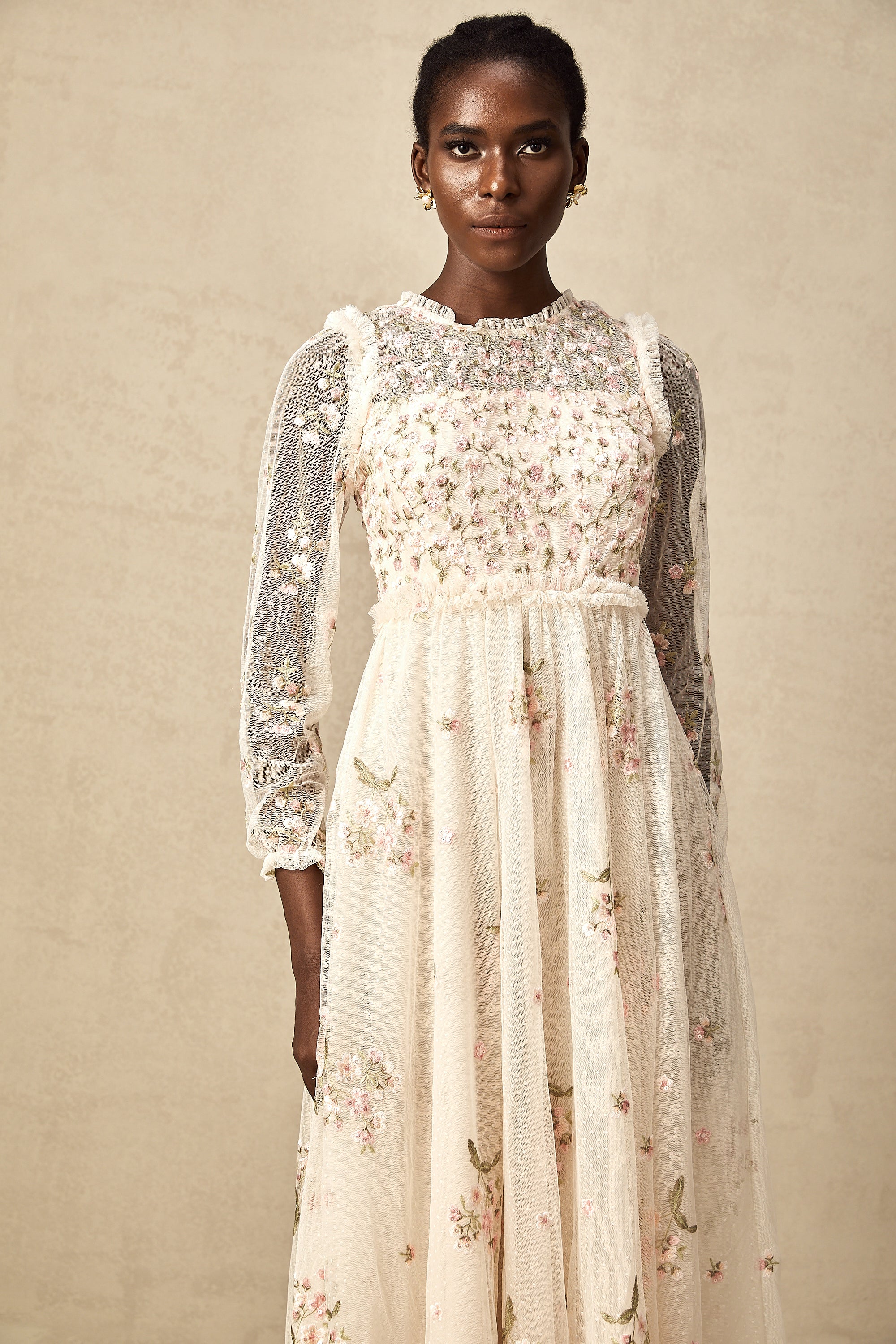 Celine floral-embroidery tulle midi dress