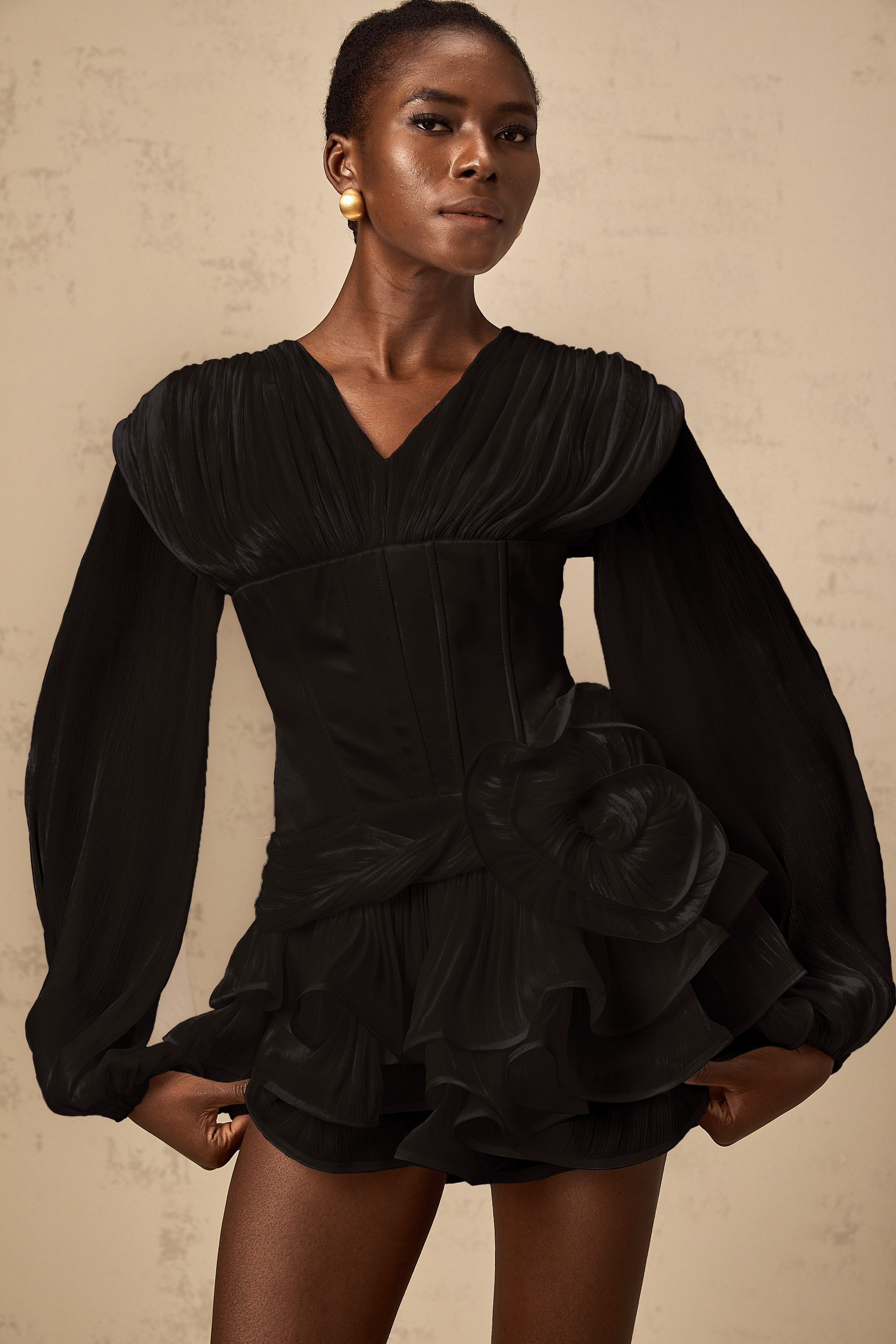 Rosier Black Fully Pleated Cinched Mini Dress