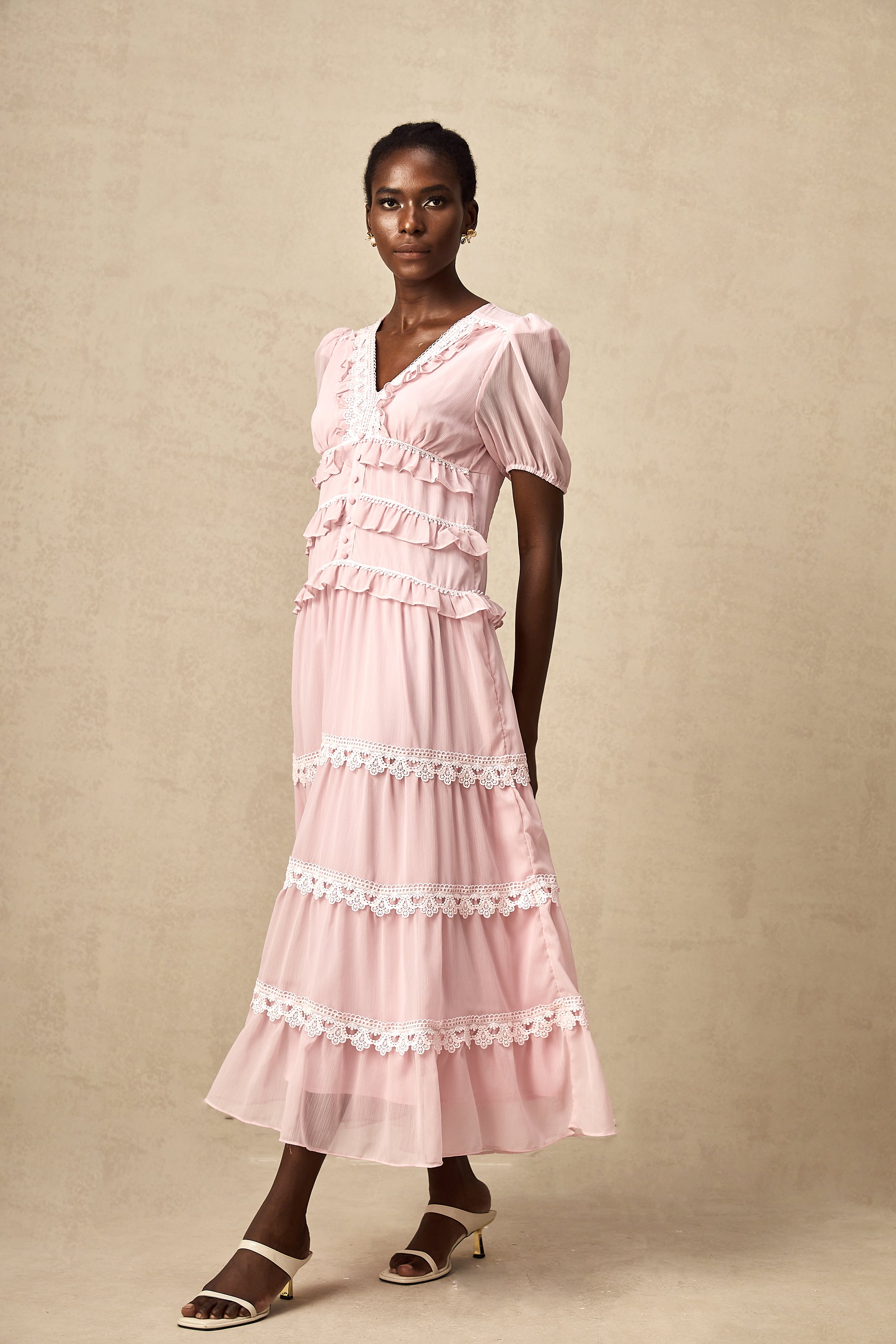 Amelie pink ruffled tiered midi dress