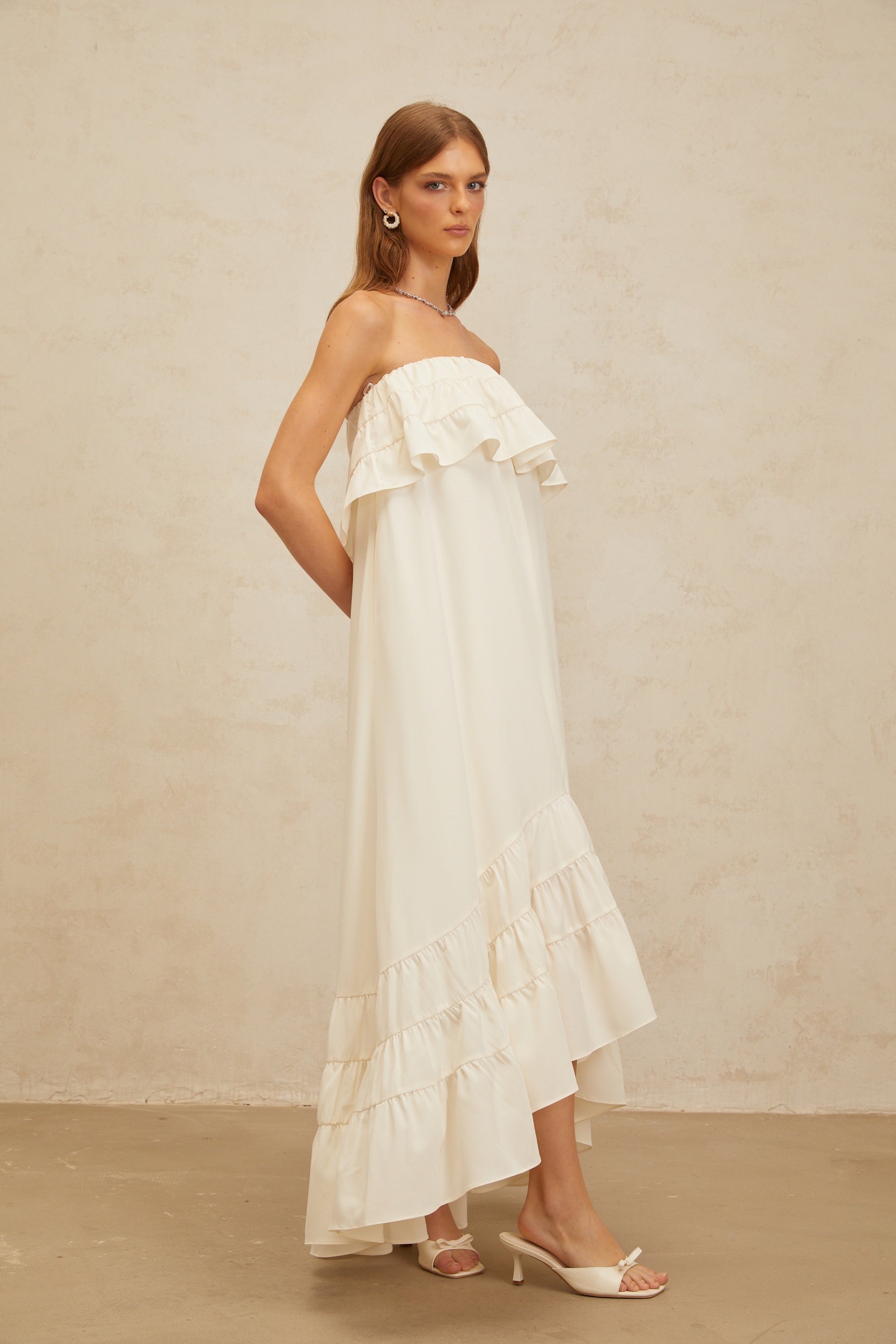 Bénédicte White Vibrant Off Shoulder Shirred Maxi Dress (Final Sale)