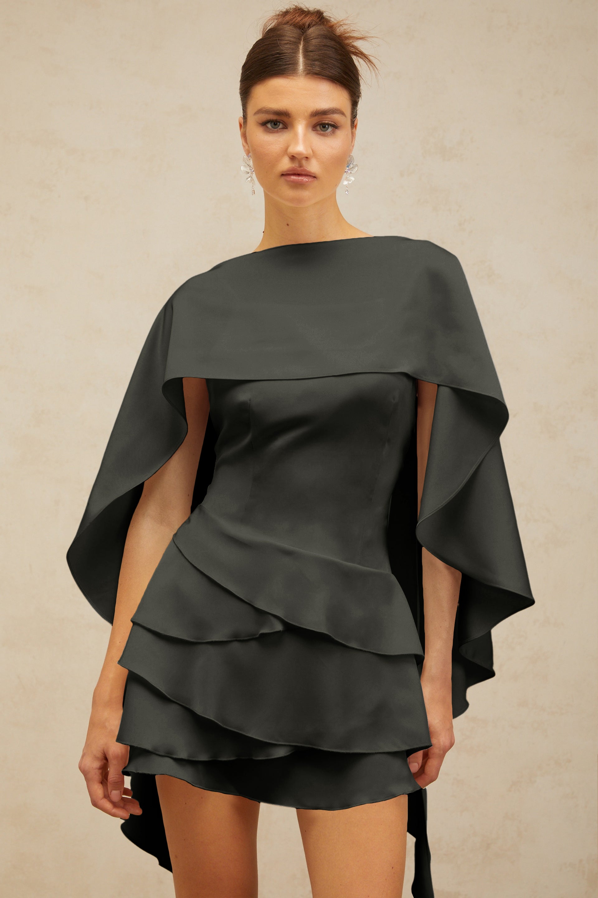 sir the label annalie ruffle mini dress Lyna Black Satin Ruffled Mini Dress with Shawl Panel Detail, M / Black