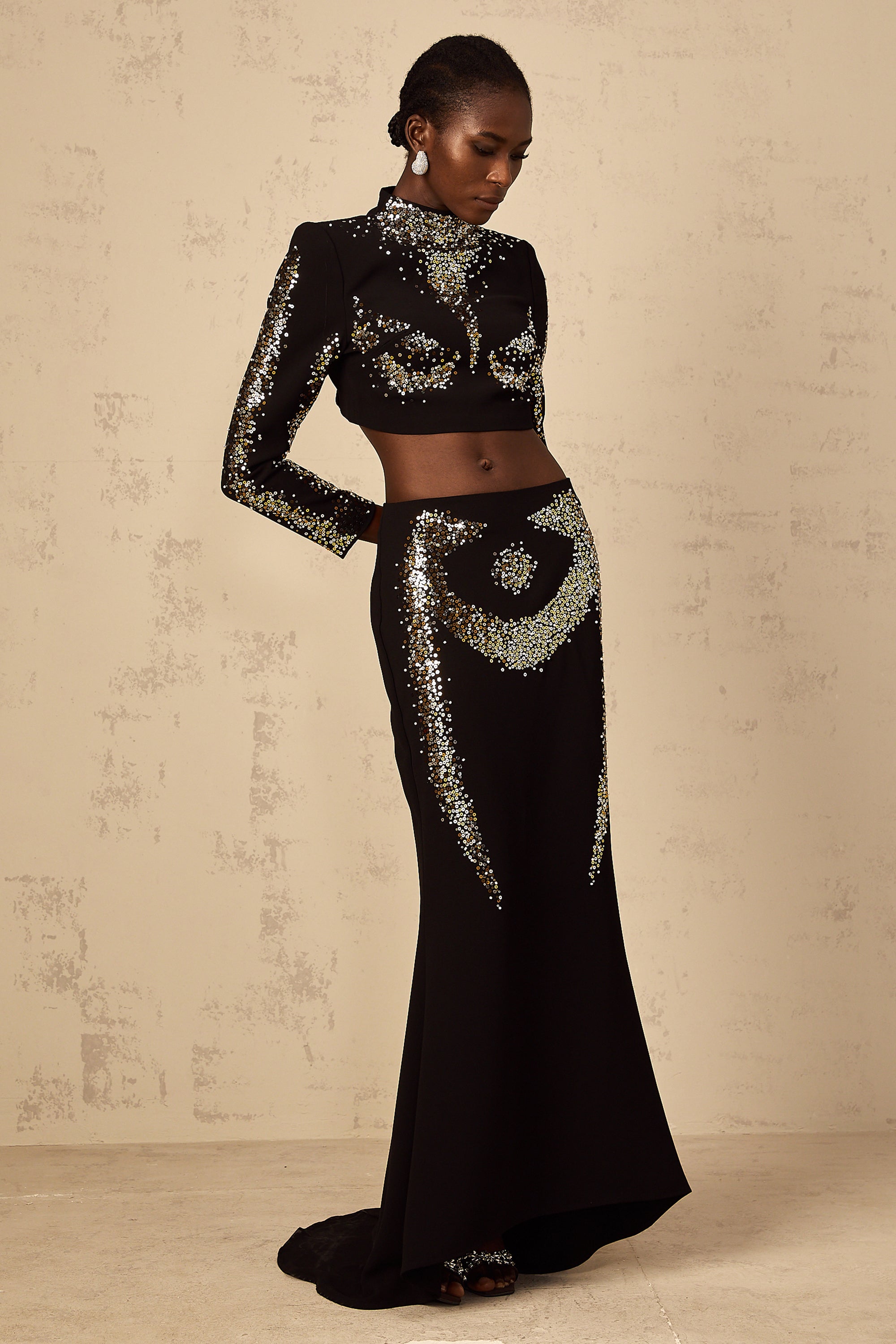 Mahault Black Sequin Embellished Top & Skirt Set