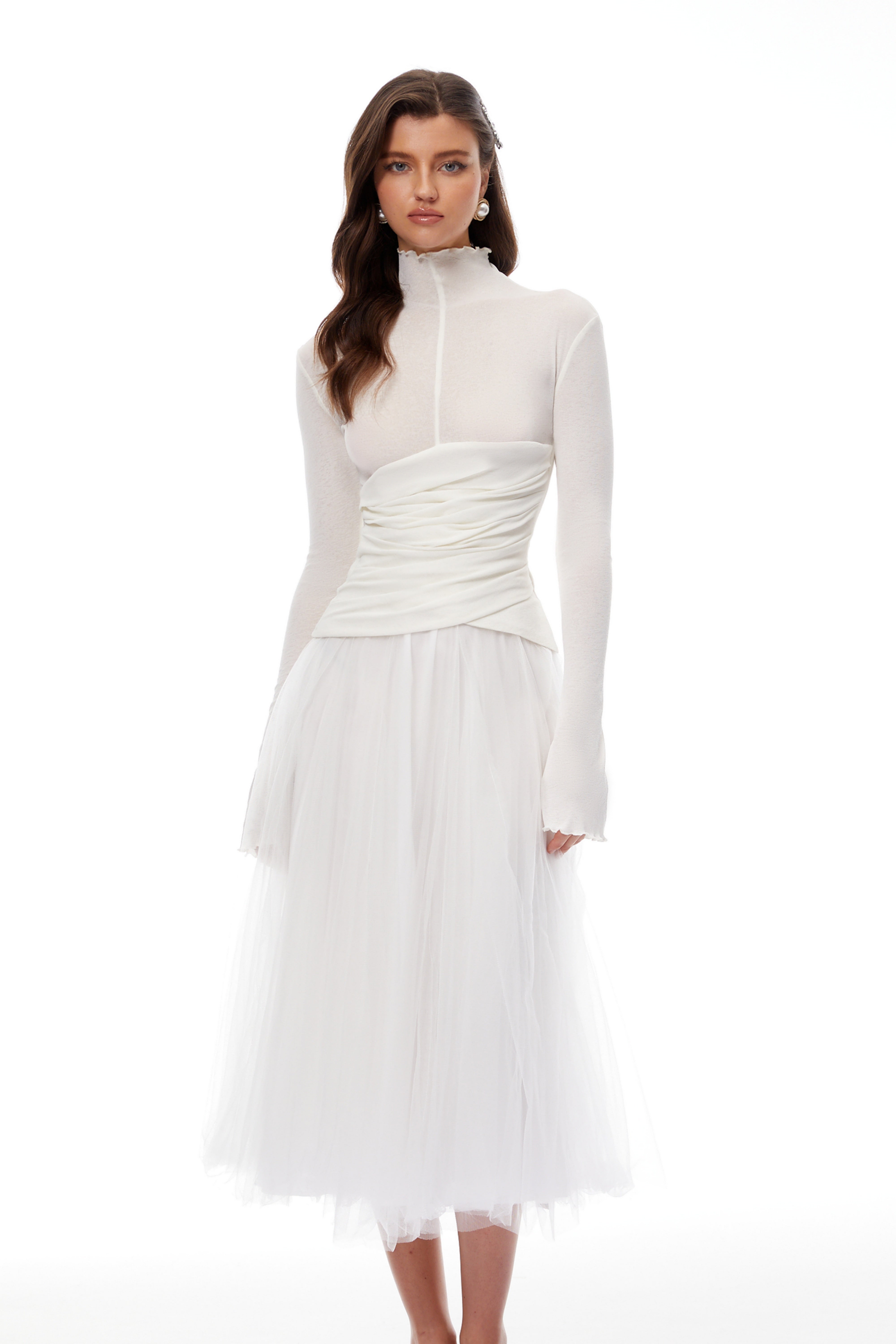 Lark White Tulle Panel Knit Midi Dress
