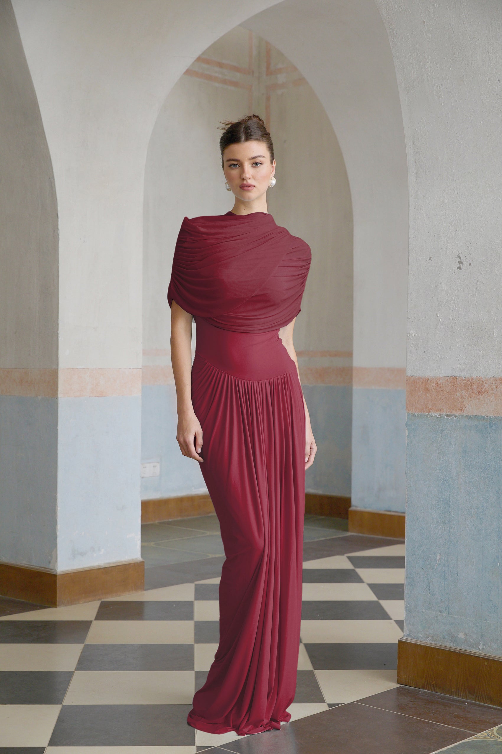 Asymmetrical Maxi Dress with Pleated Skirt - Red main image 0