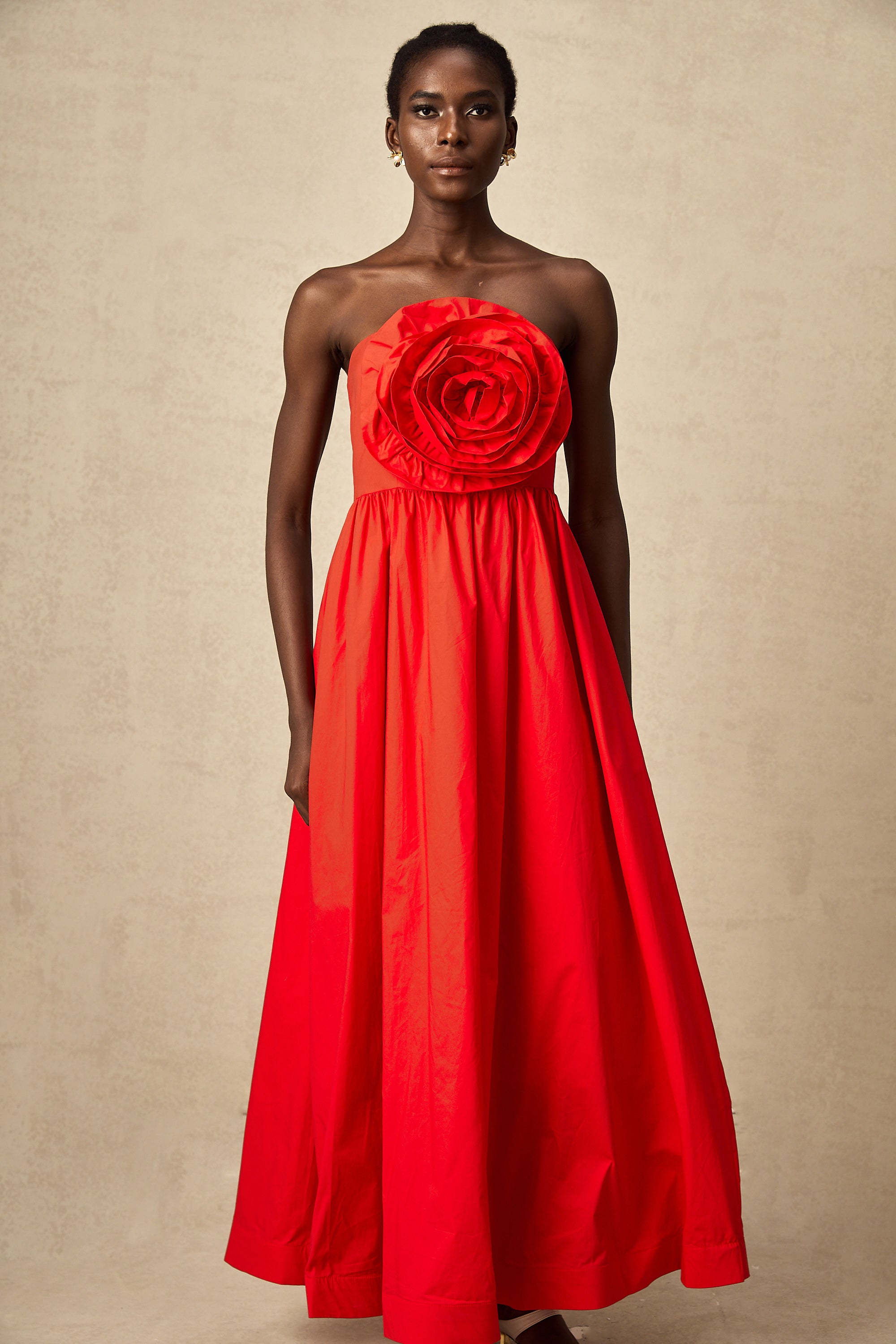 Assia red 3d-petal ruffled maxi dress