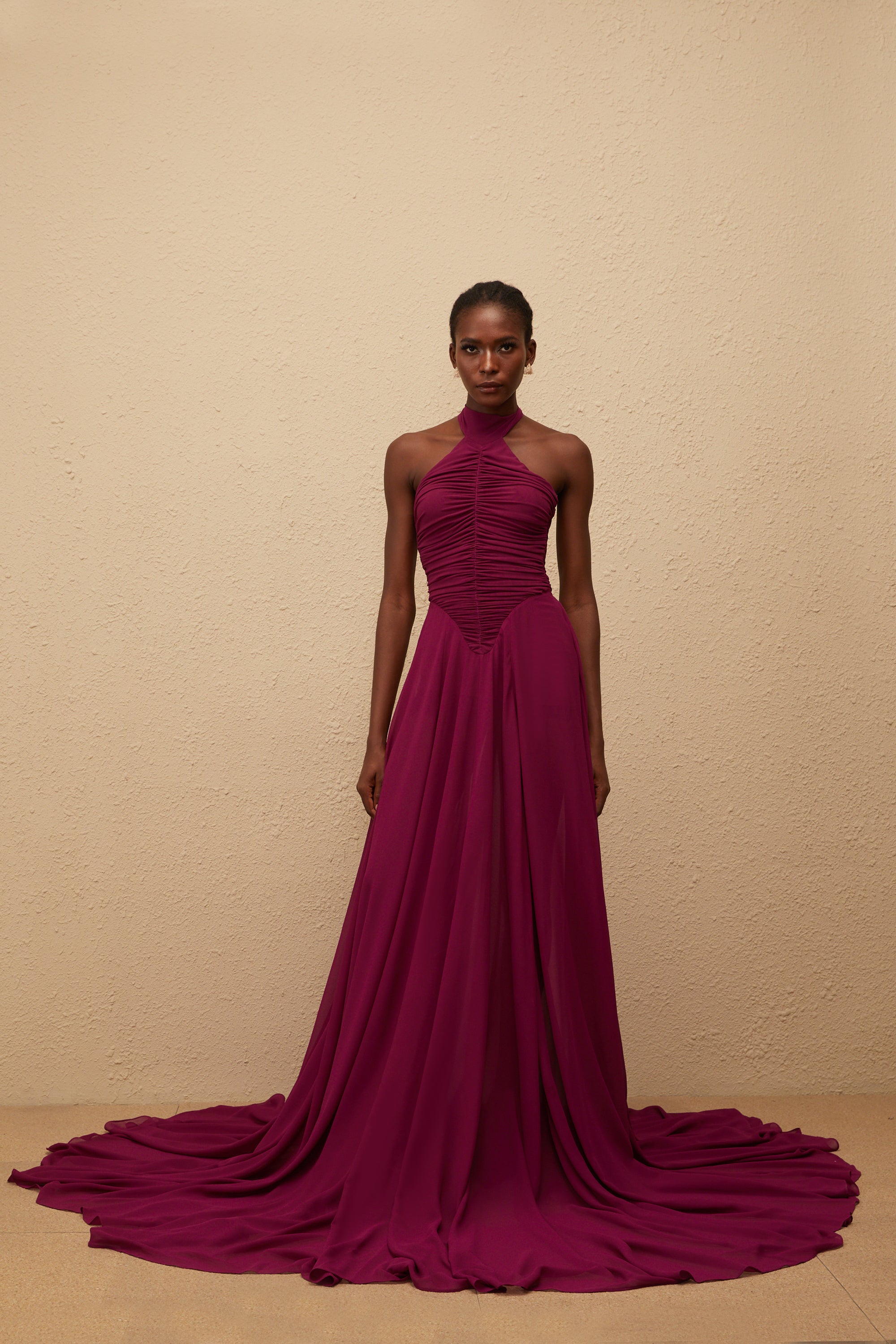 Kerstin Purple Train Design Ruched Maxi Dress