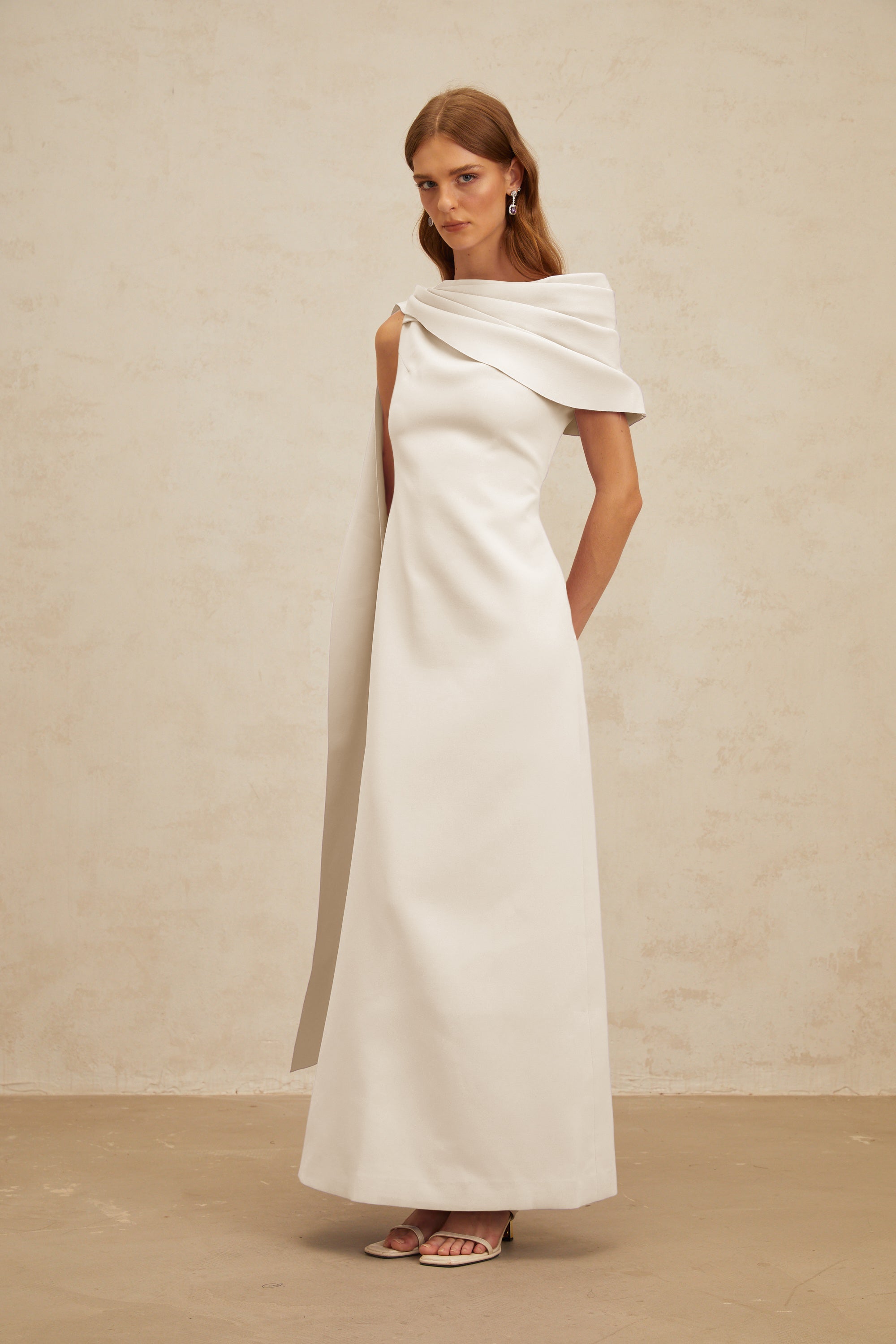Annabelle White Cape-Design Ribbon Maxi Dress