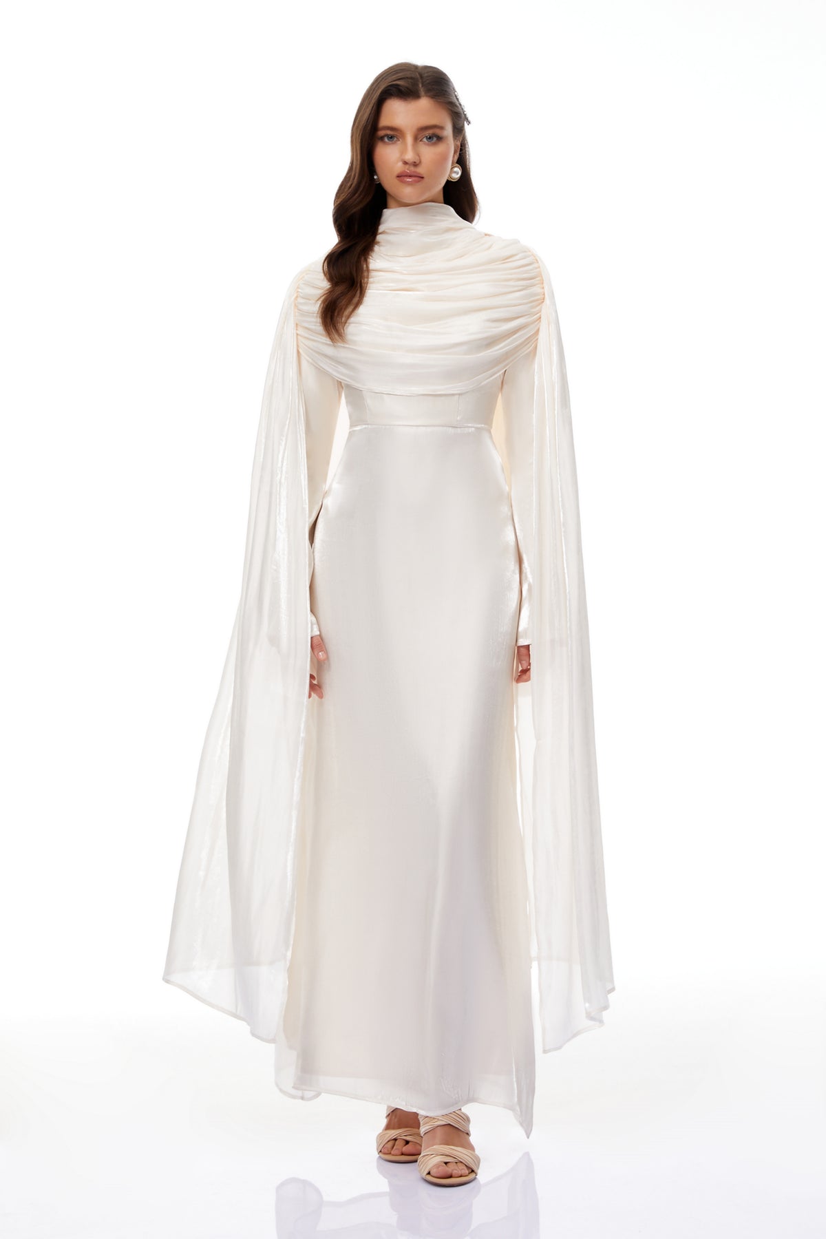 Hege Cream Glossy Ruched Cape Maxi Dress (Final Sale-US Only), L / Neutrals