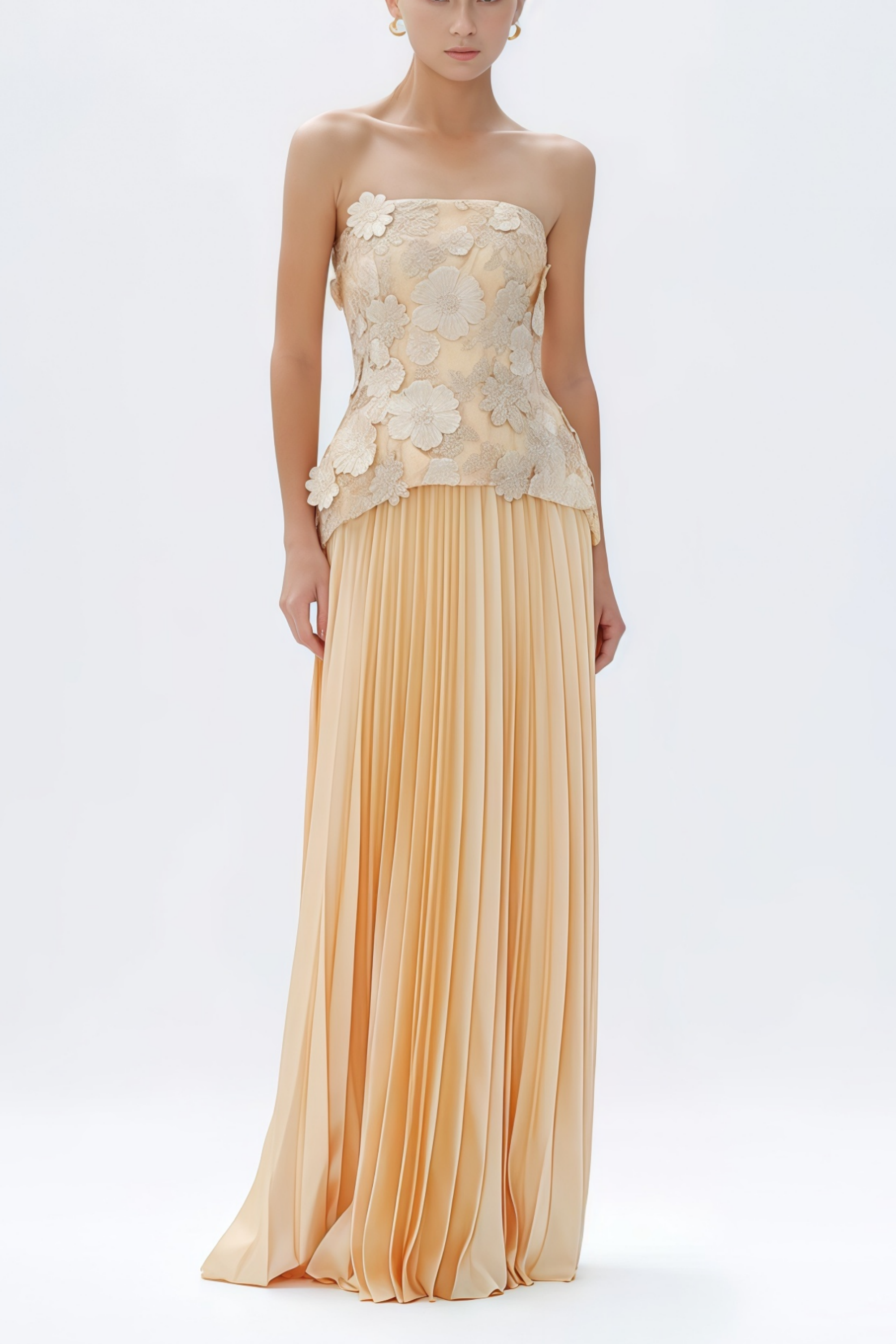 طقم أورسولا بلوزة وتنورة مطوية مزينة بالزهور باللون الأصفر