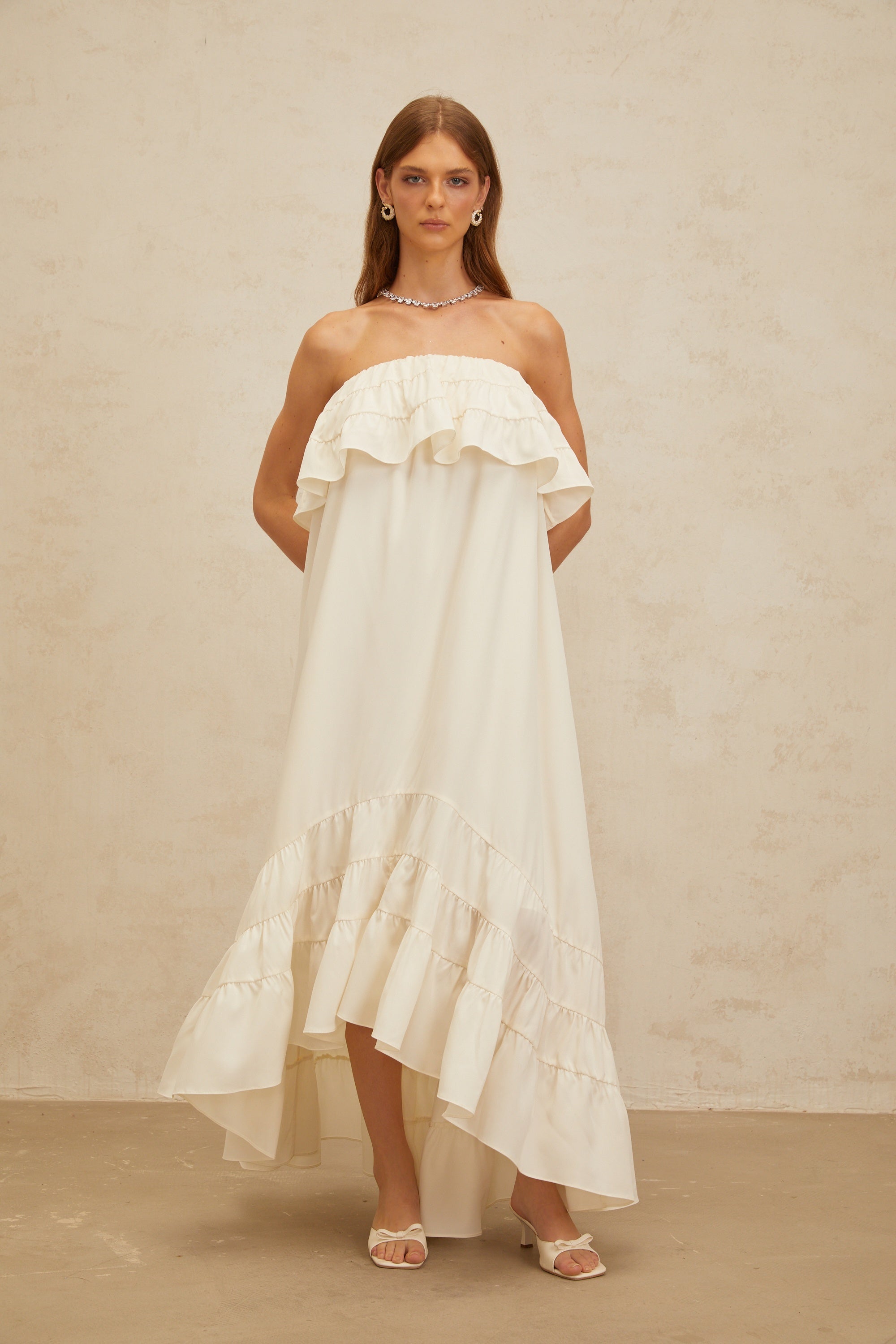 Bénédicte White Vibrant Off Shoulder Shirred Maxi Dress (Final Sale)