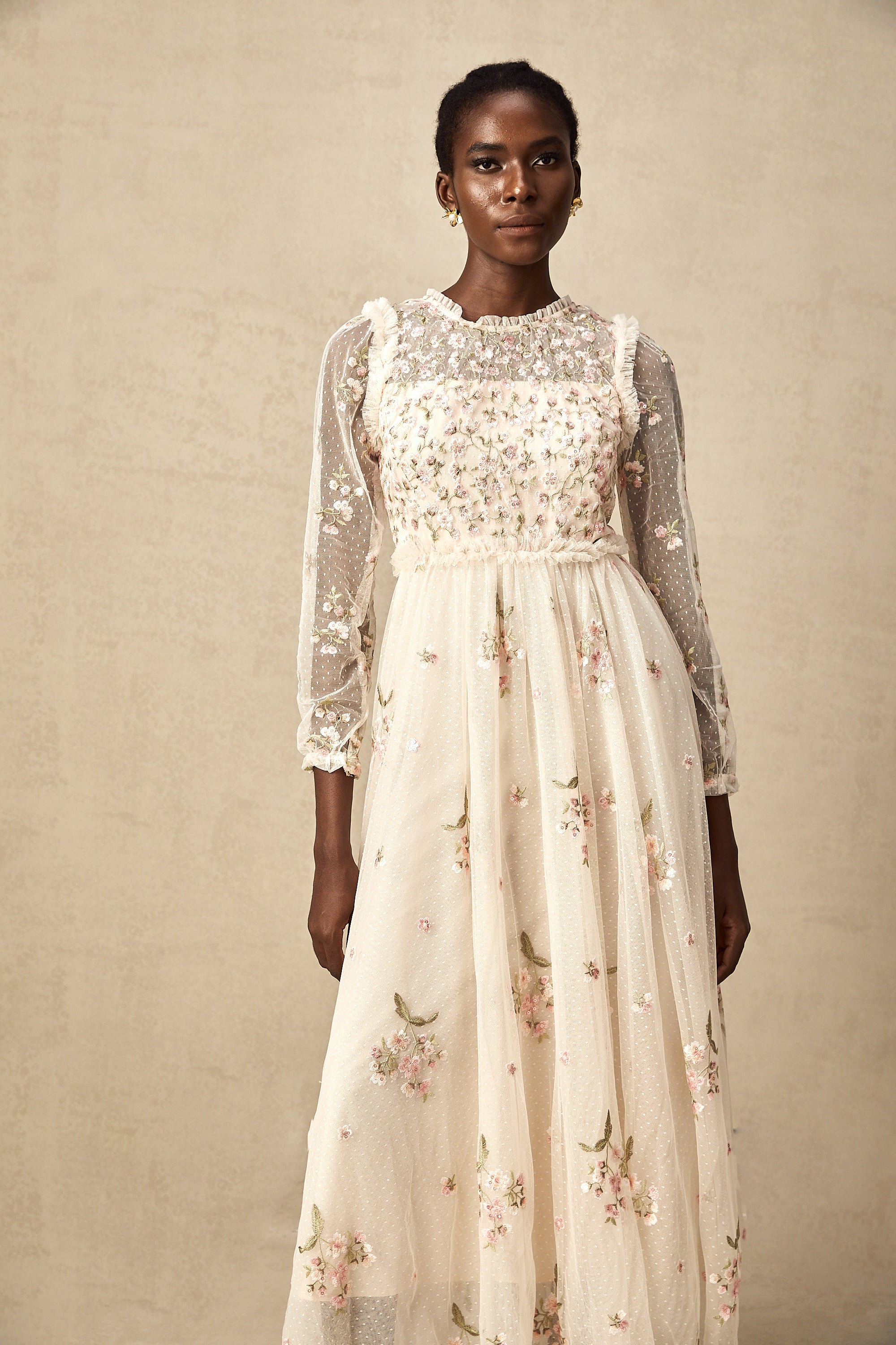 Celine floral-embroidery tulle midi dress