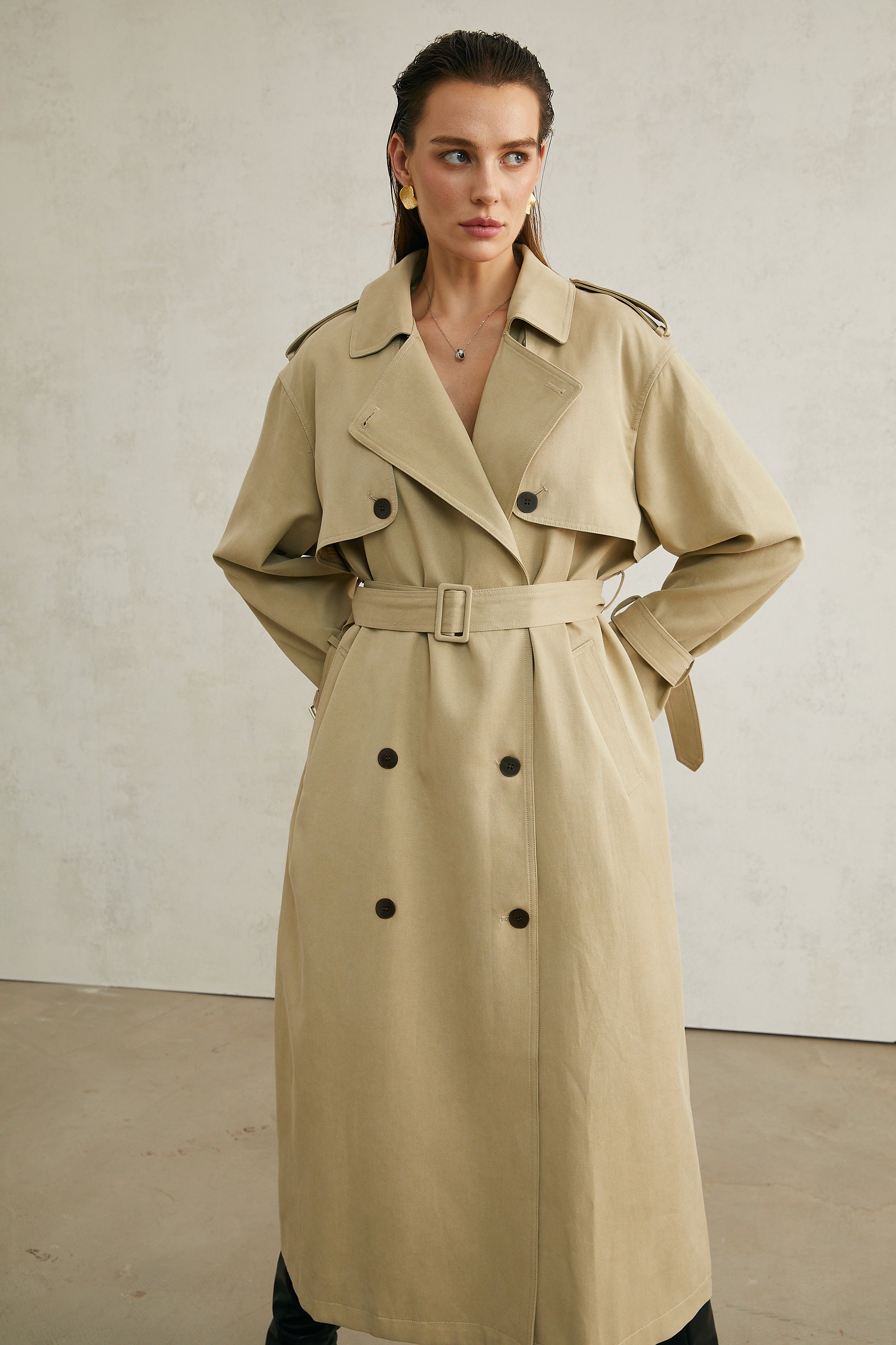 Carlotta khaki belted trench coat