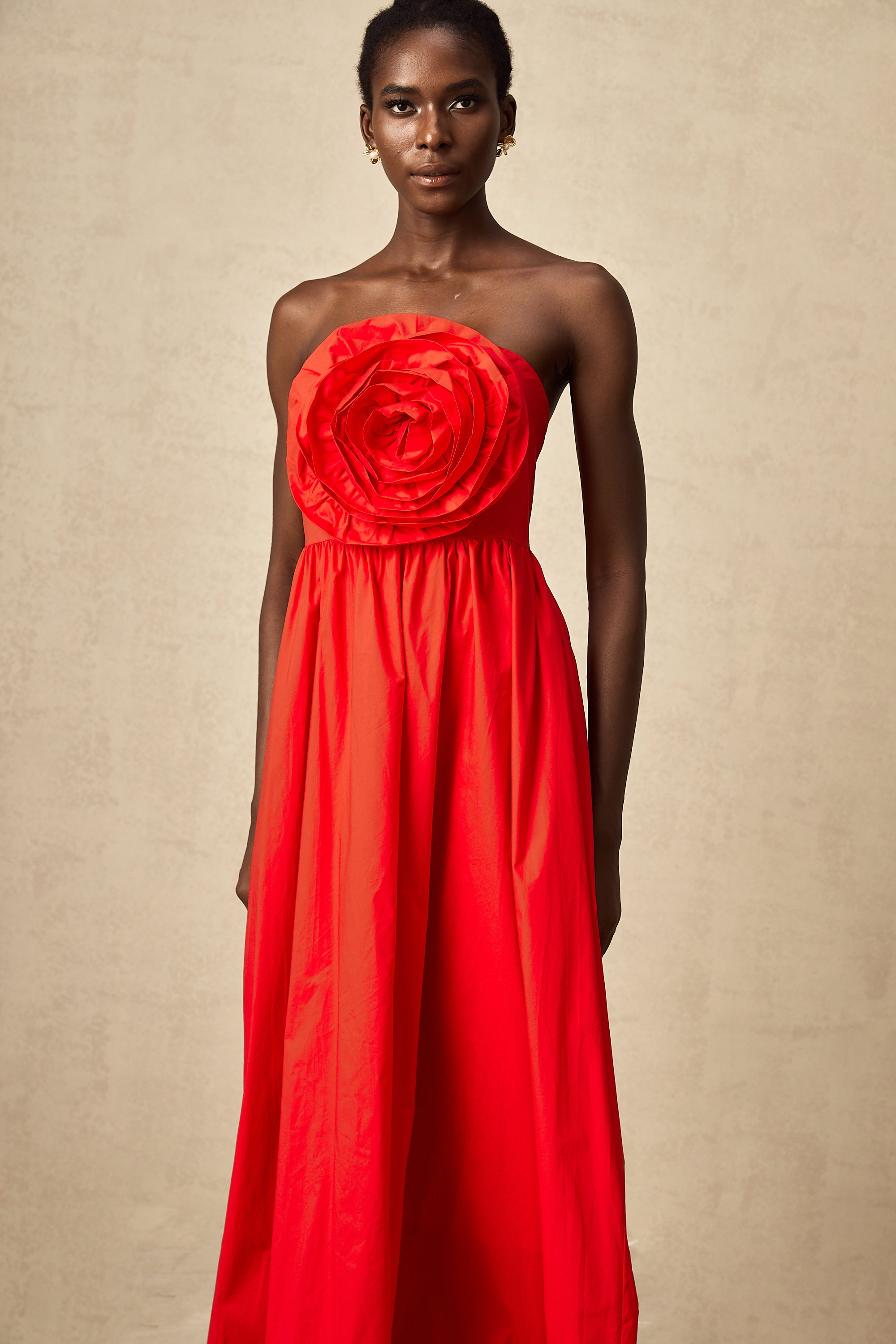 Assia red 3d-petal ruffled maxi dress