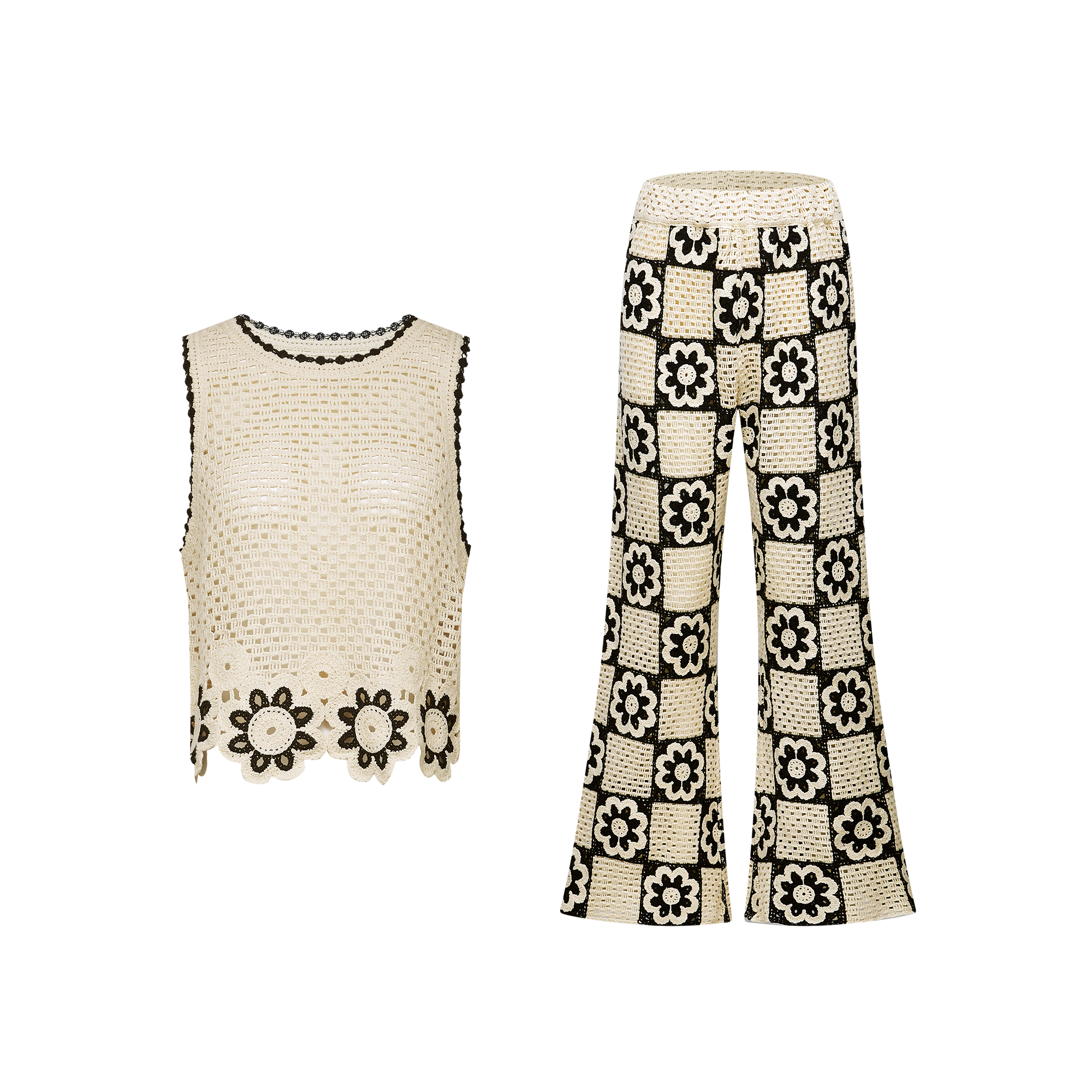 Léna crocheted flower-pattern top & trousers matching set