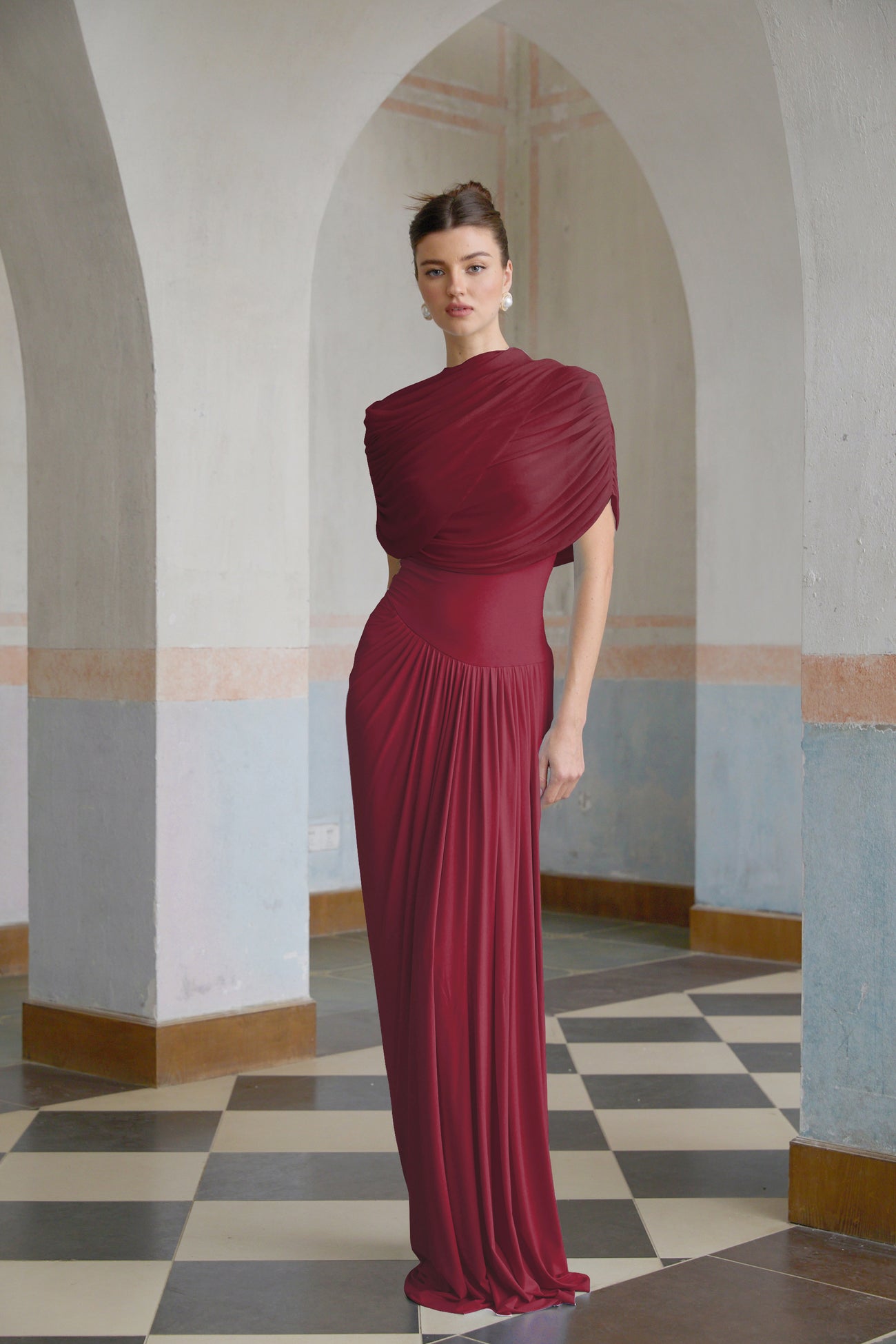 Hadria | Red Velvet Asymmetric-Neck Maxi Dress With Sash-Detail main image 1