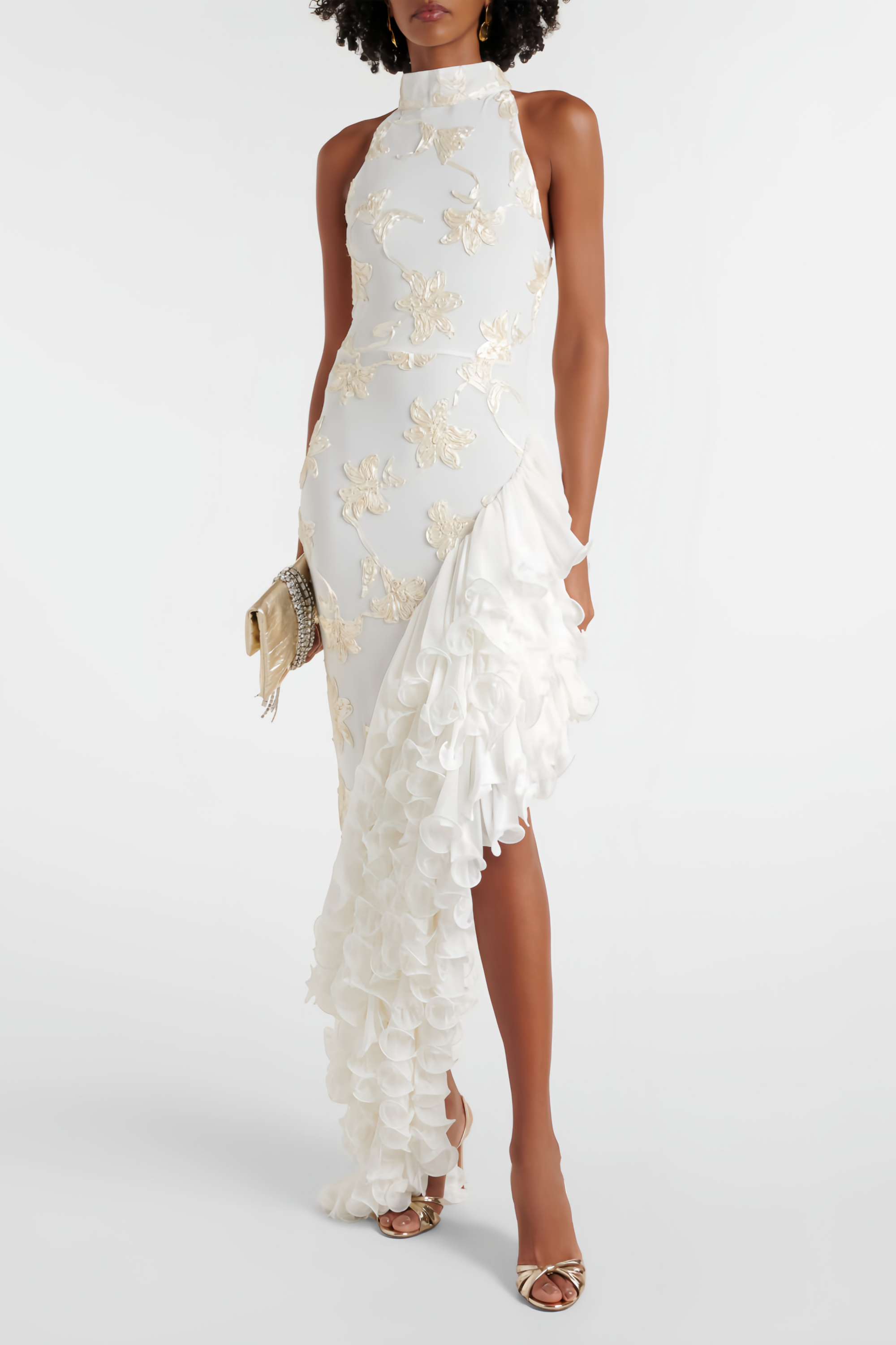 Théoline Neutral Asymmetrical Ruffled Floral Midi Dress