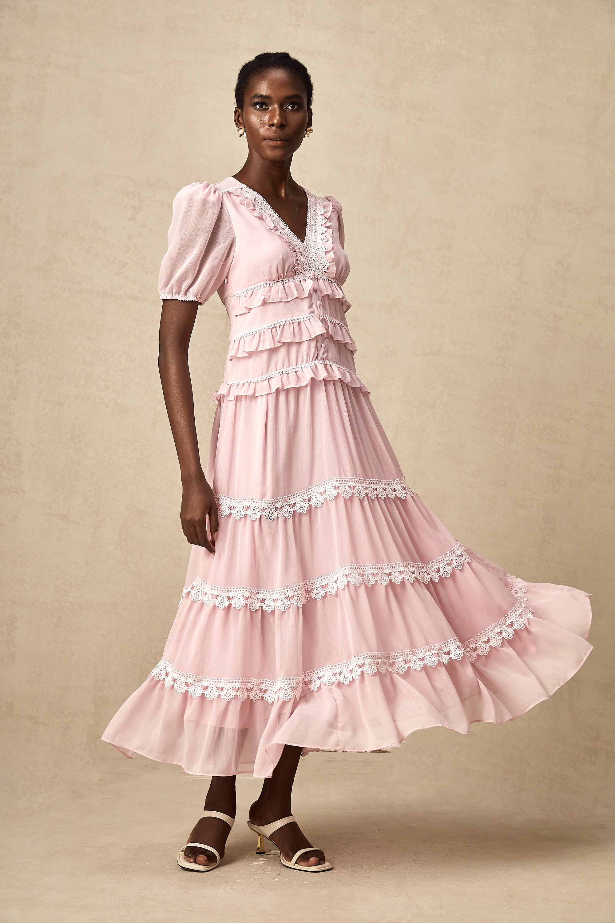 Amelie pink ruffled tiered midi dress