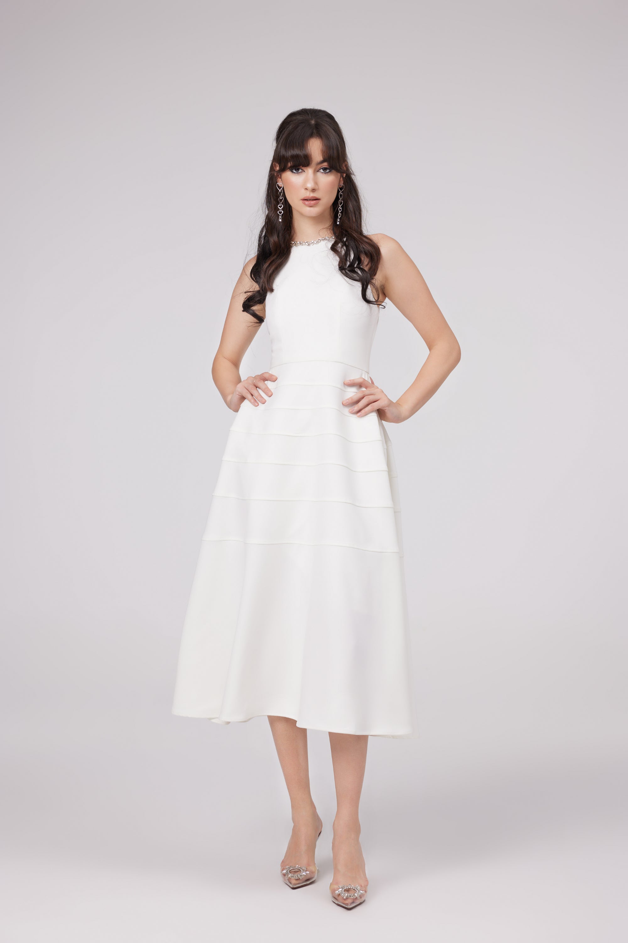 Inès white crystal-embellished midi dress