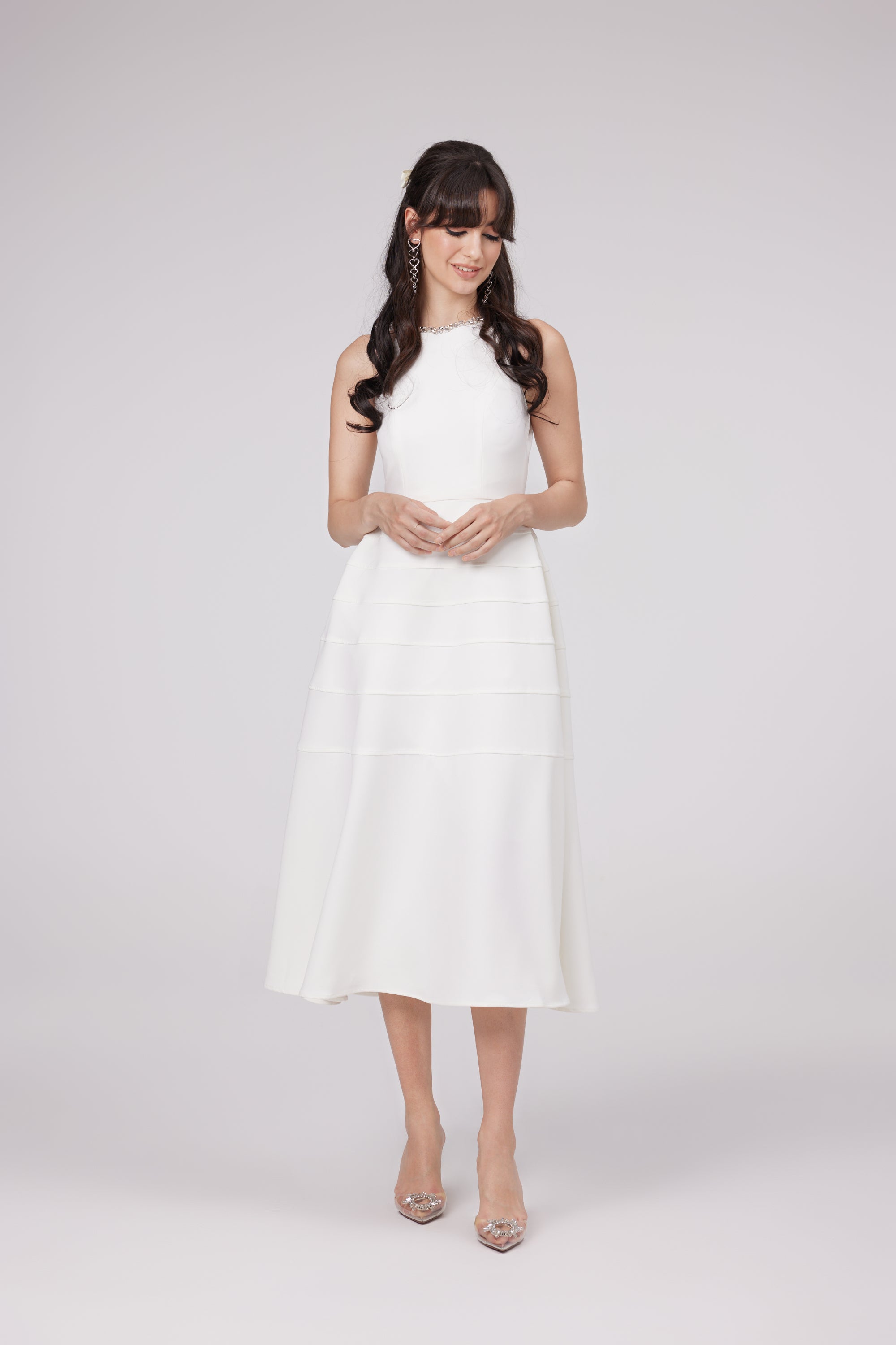 Inès white crystal-embellished midi dress