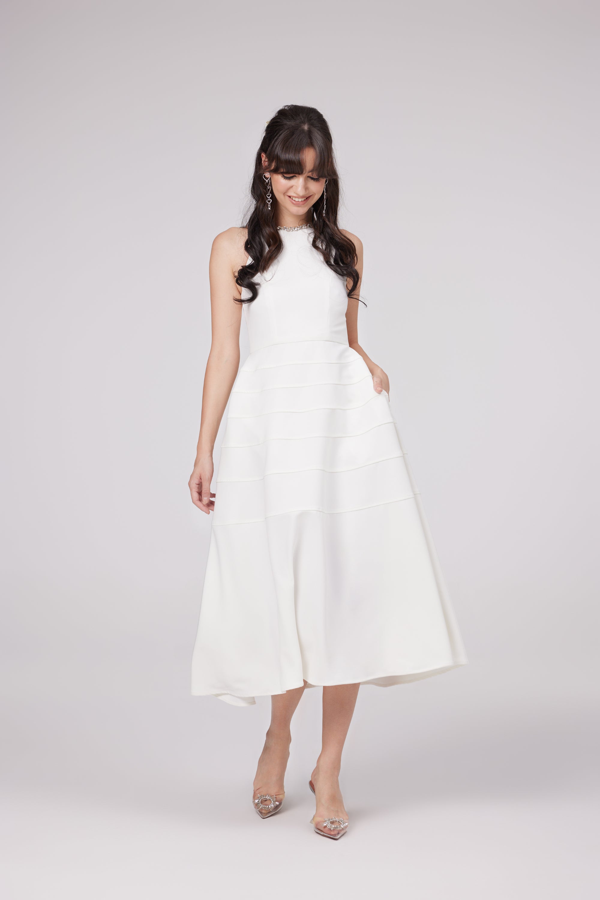 Inès white crystal-embellished midi dress