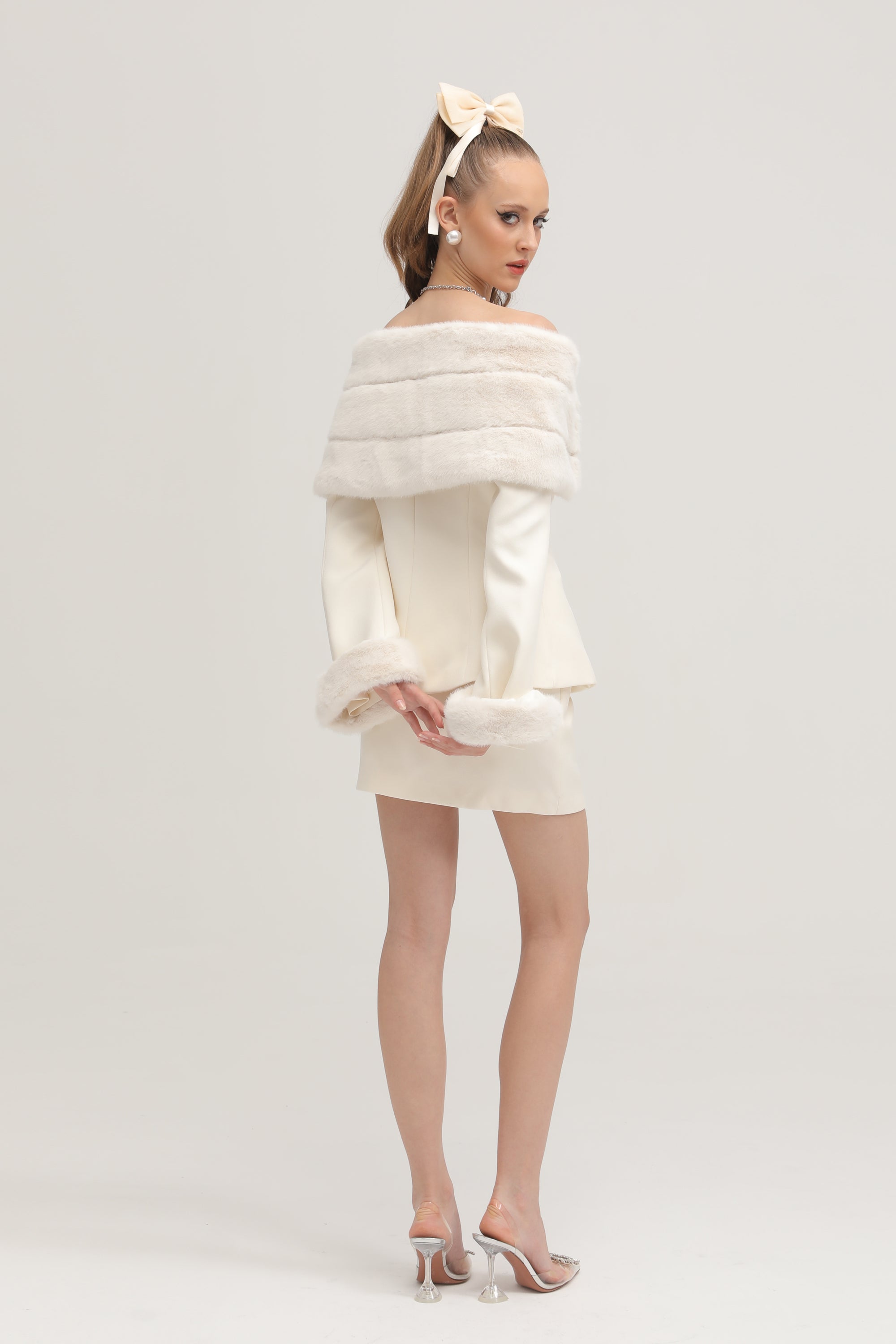 Caitlin white faux-fur jacket & skirt matching set