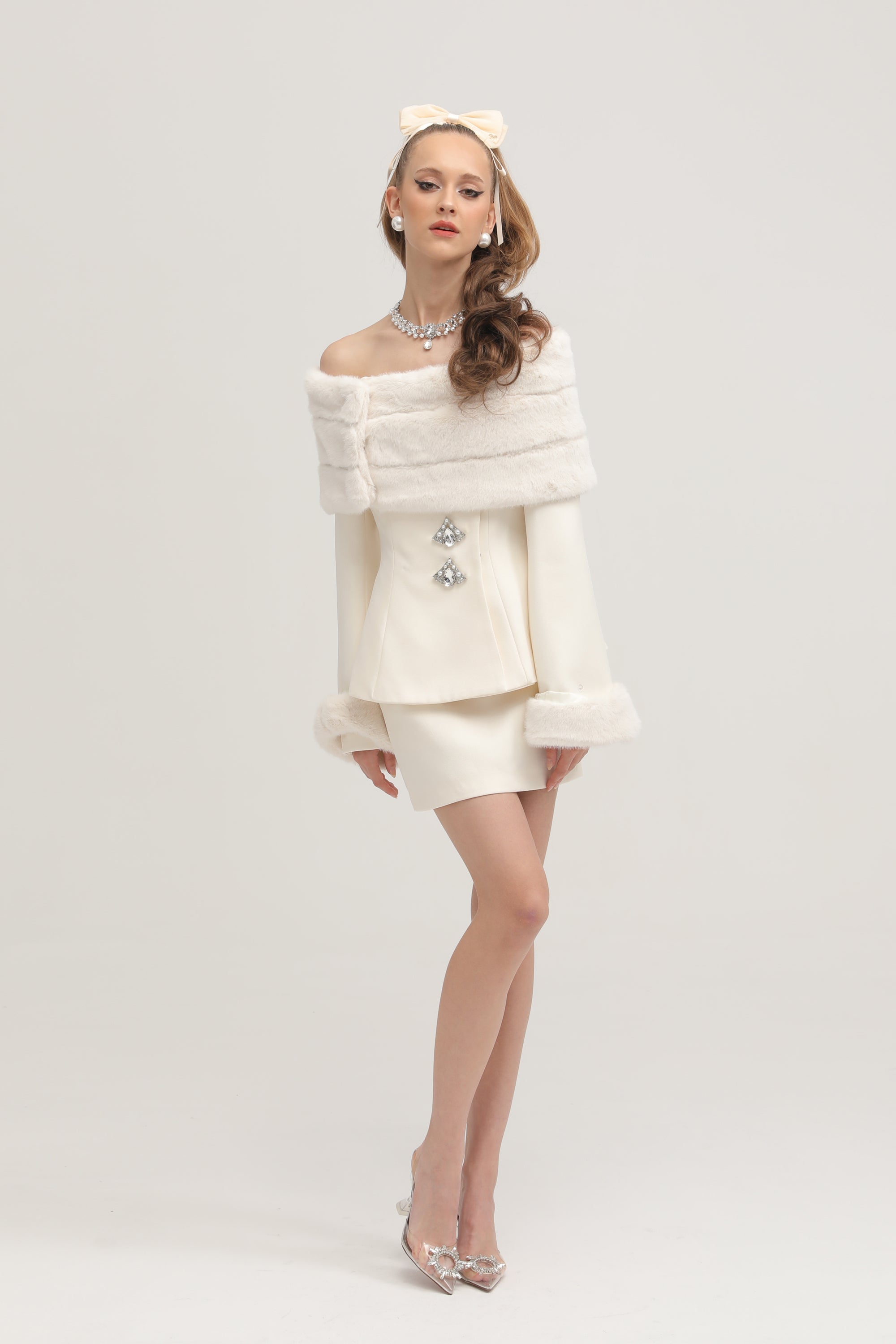 Caitlin white faux-fur jacket & skirt matching set