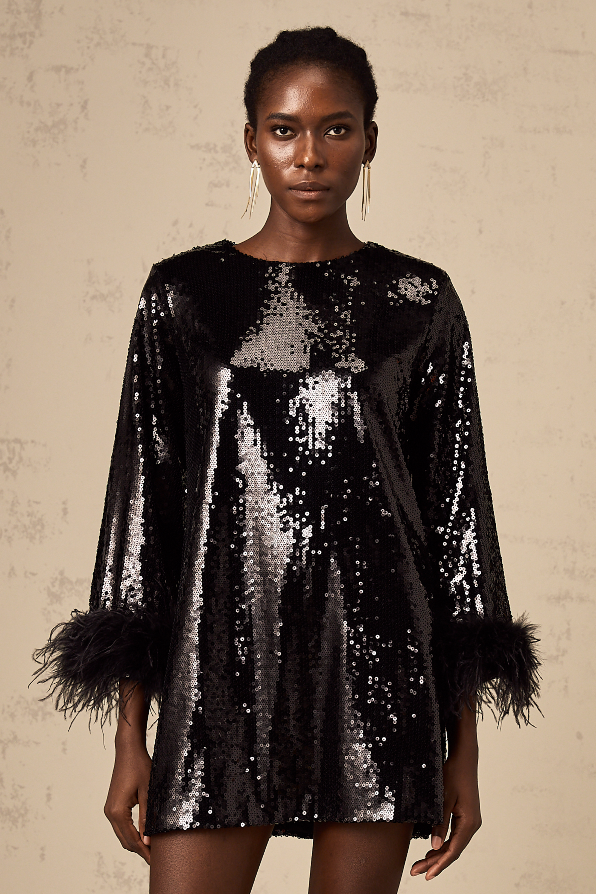 Kina black feather-cuff sequined mini dress