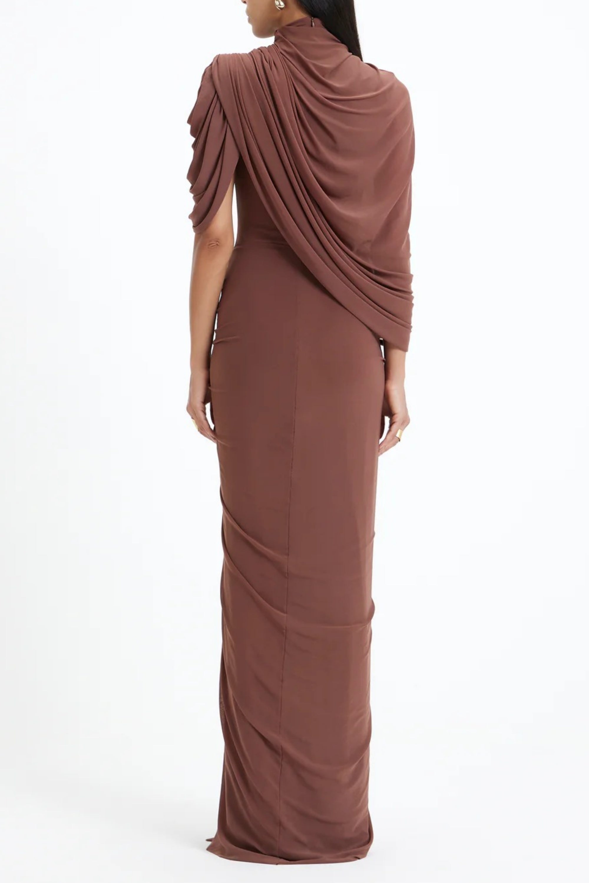 Liliana Brown Asymmetrical Ruched Cape Maxi Dress