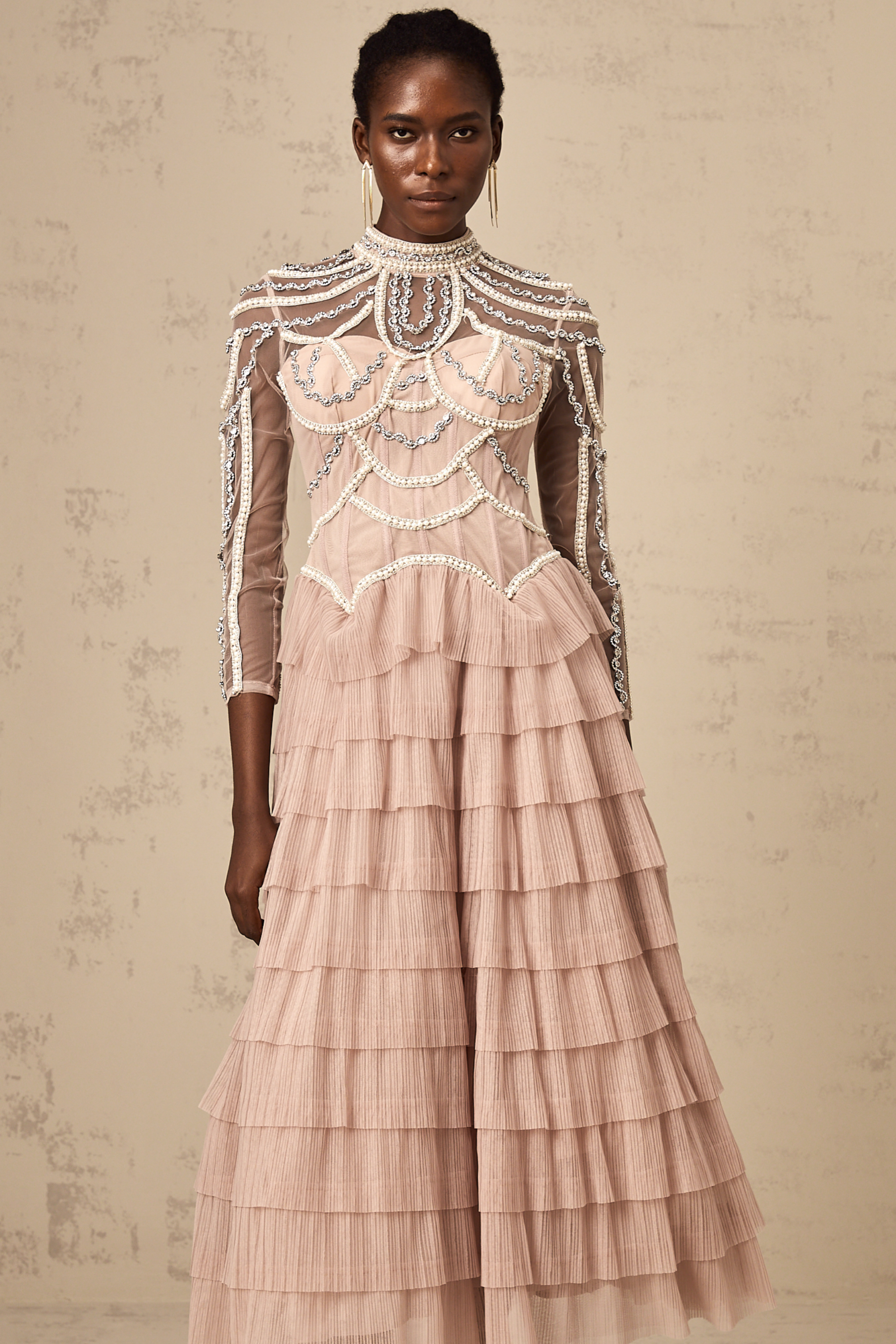 Paula pink bead tiered semi-sheer gown