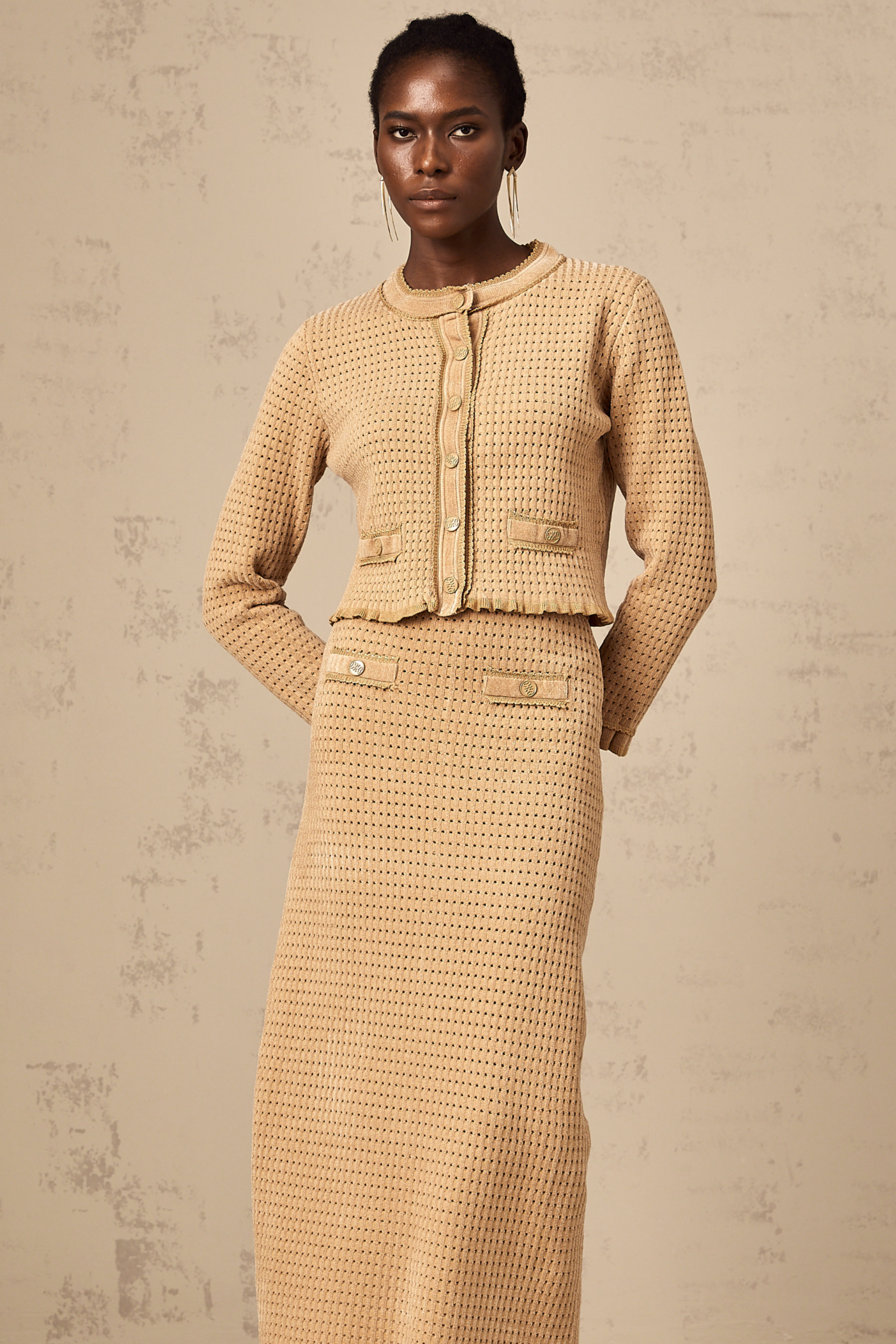 Léna khaki knitted cardigan & skirt matching set