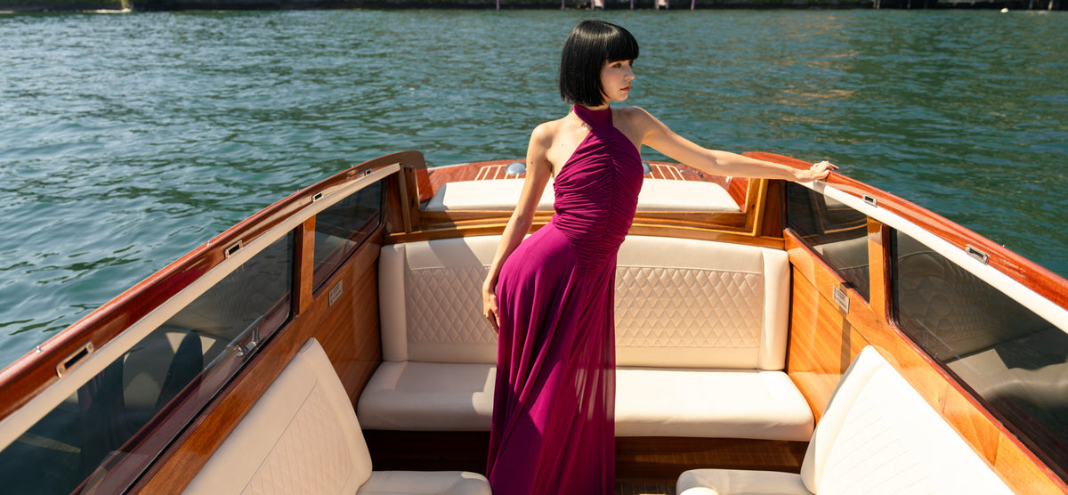 Kerstin Purple Train Design Ruched Maxi Dress