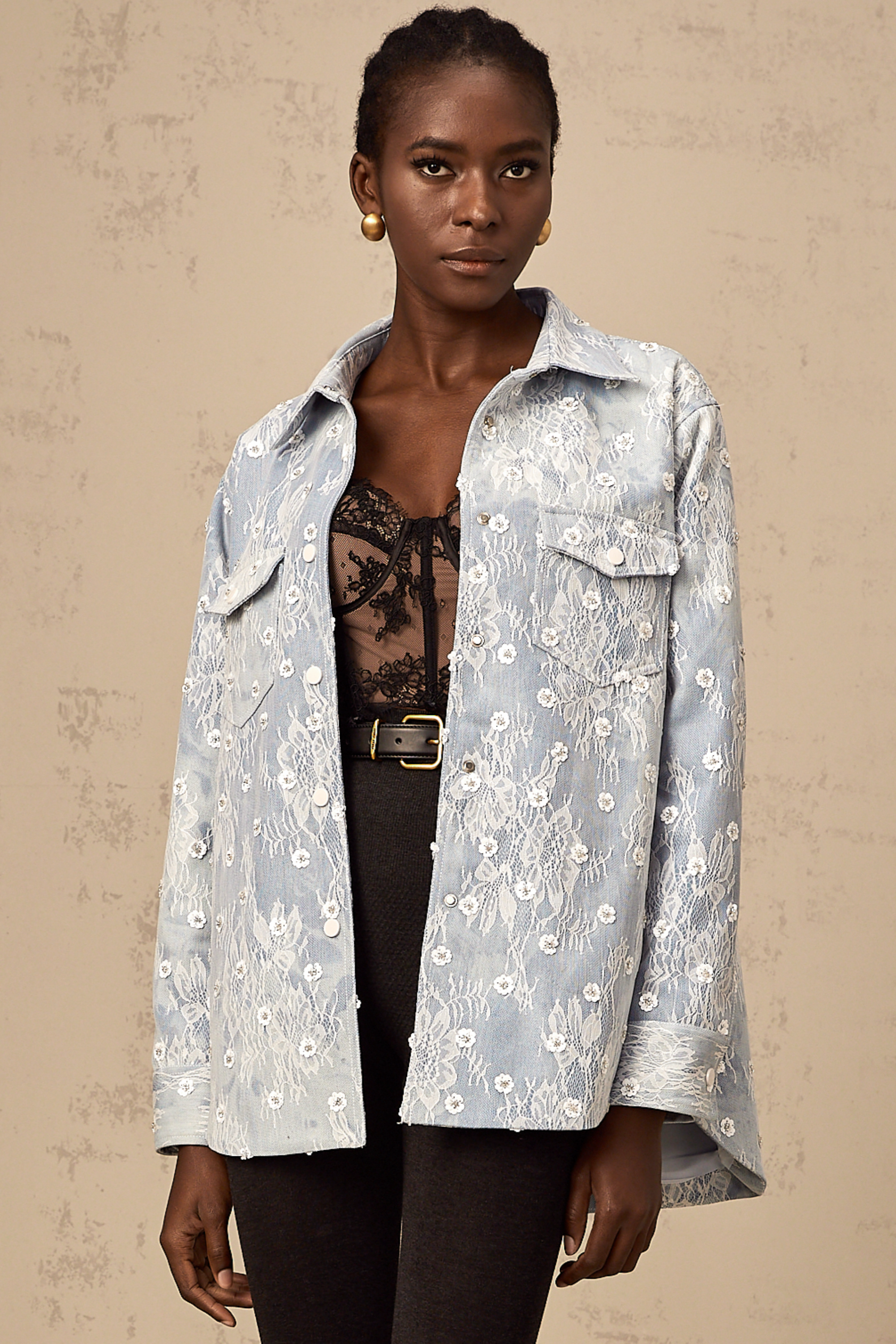 Blanche blue sequined floral-appliqué denim jacket