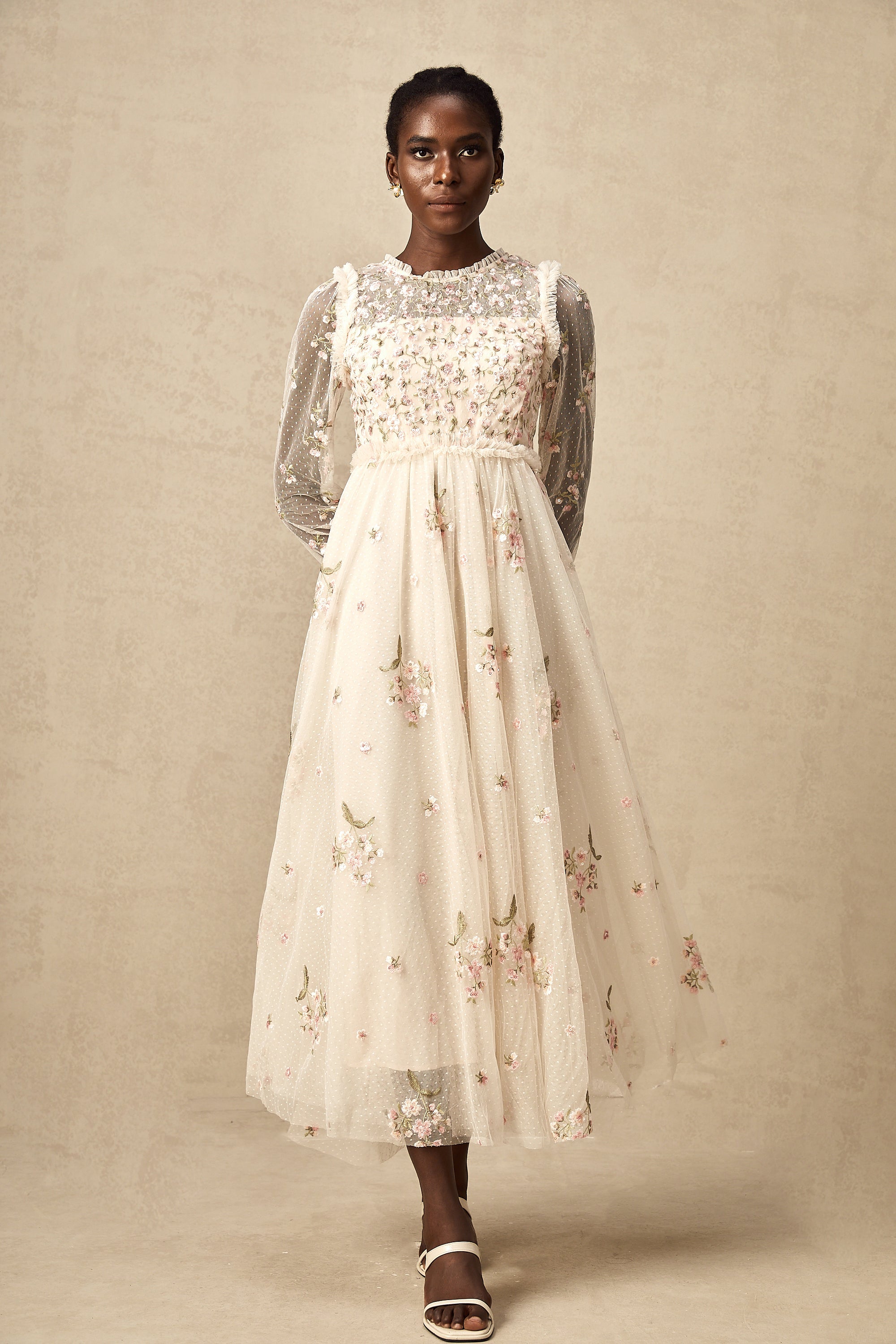 Celine floral-embroidery tulle midi dress