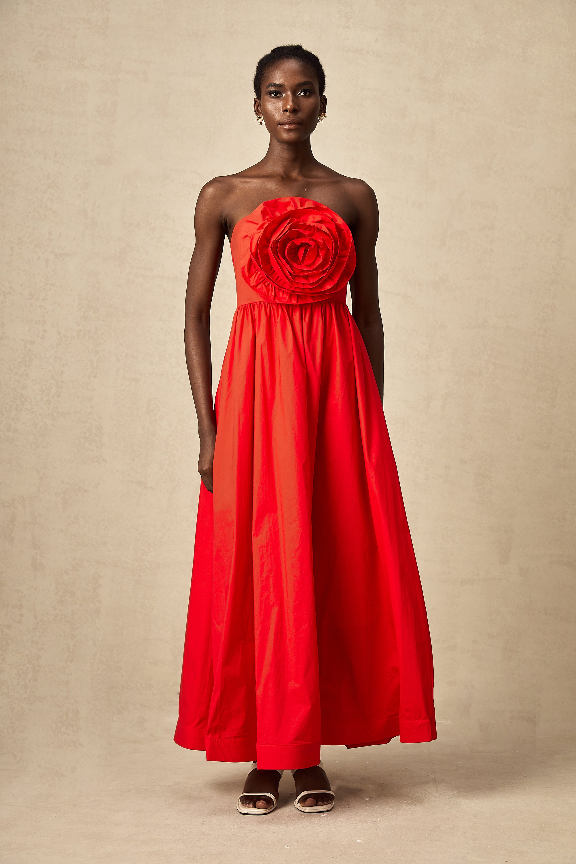 Assia red 3d-petal ruffled maxi dress