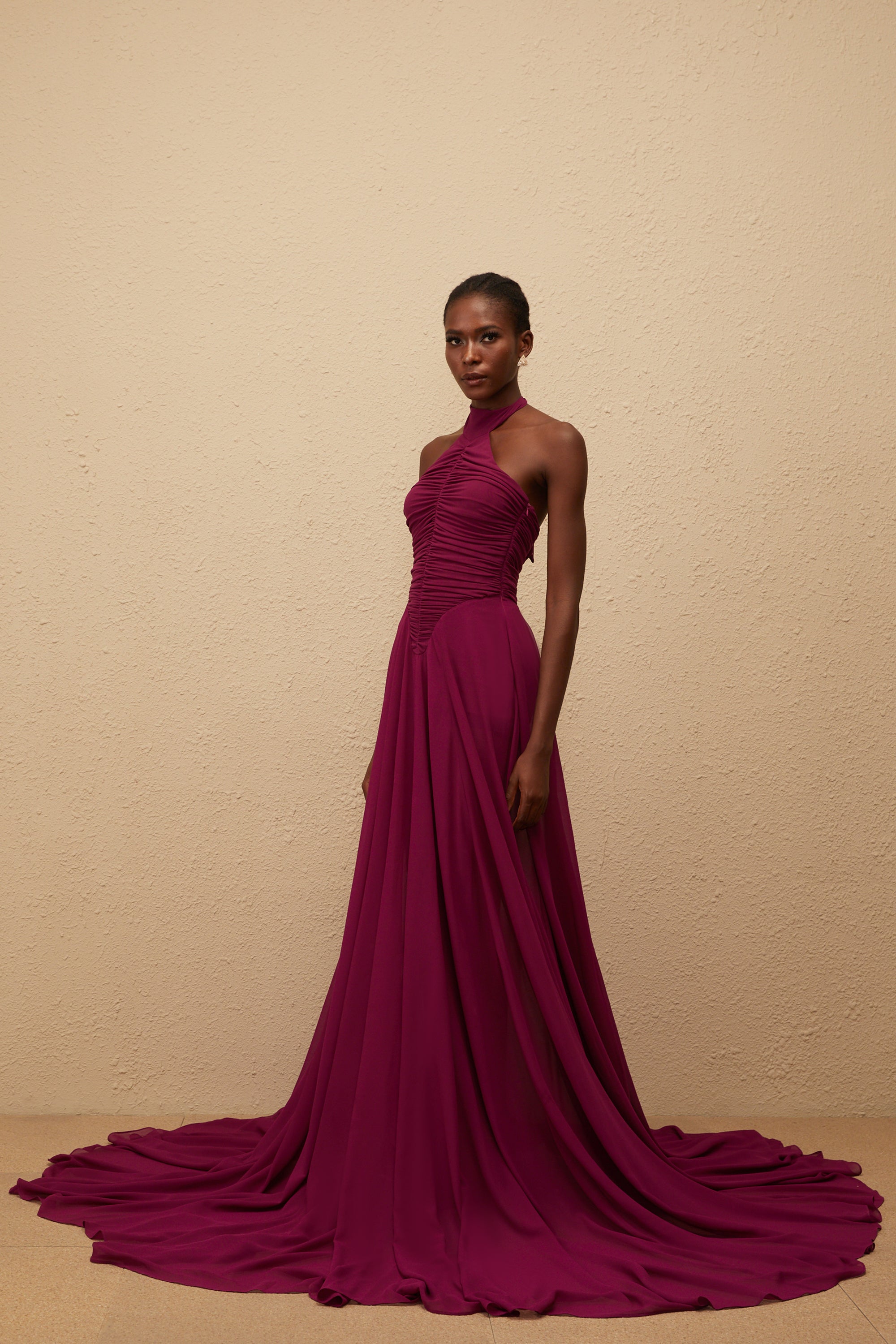 Kerstin Purple Train Design Ruched Maxi Dress