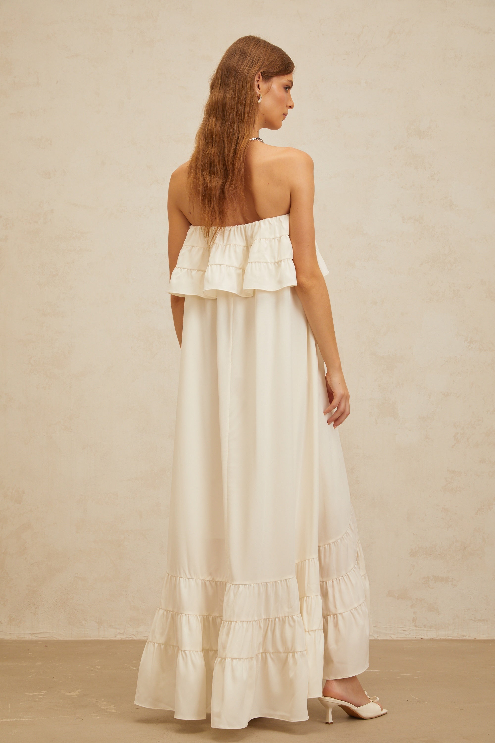 Bénédicte White Vibrant Off Shoulder Shirred Maxi Dress (Final Sale)