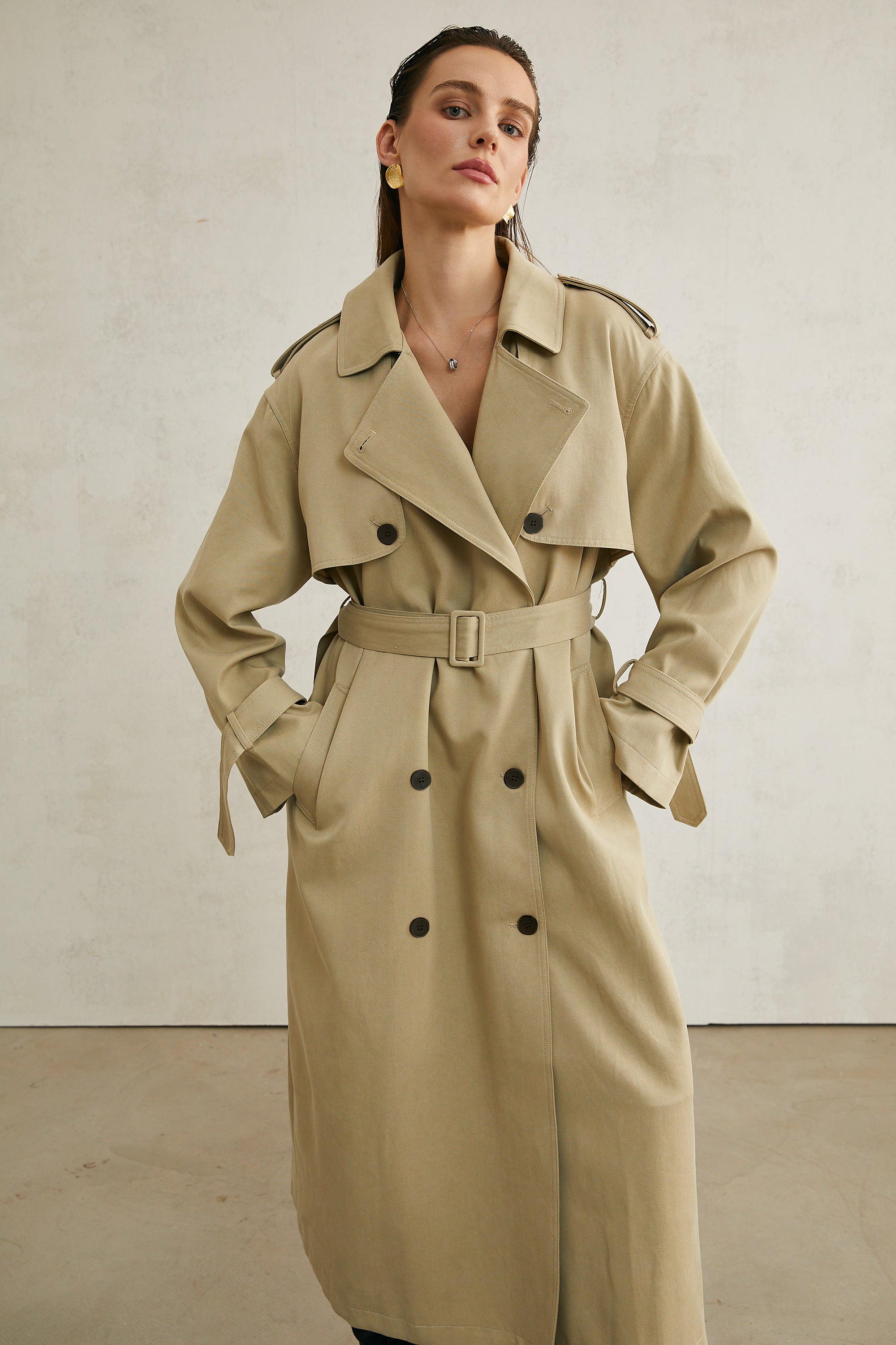 Carlotta khaki belted trench coat