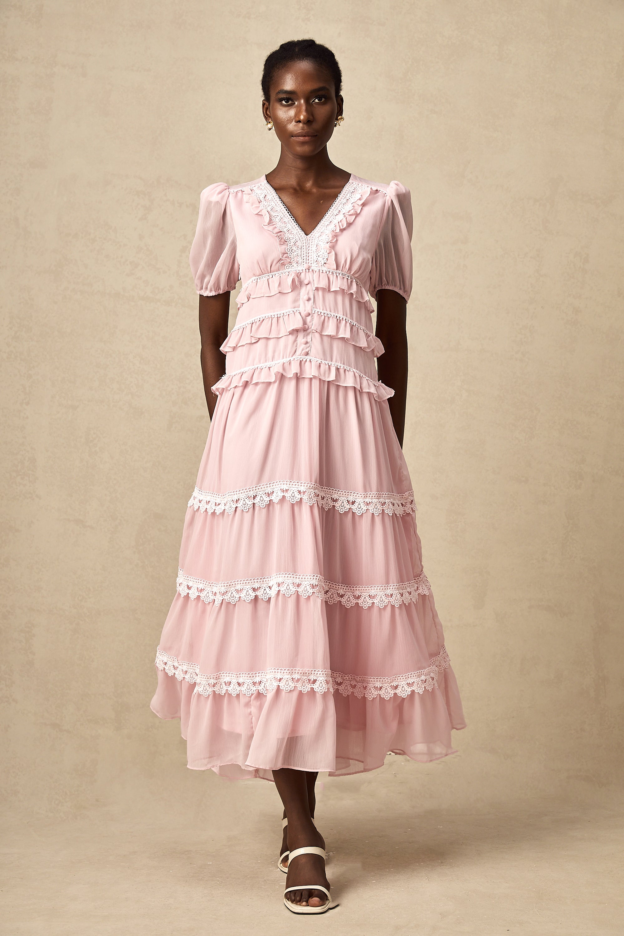 Amelie pink ruffled tiered midi dress