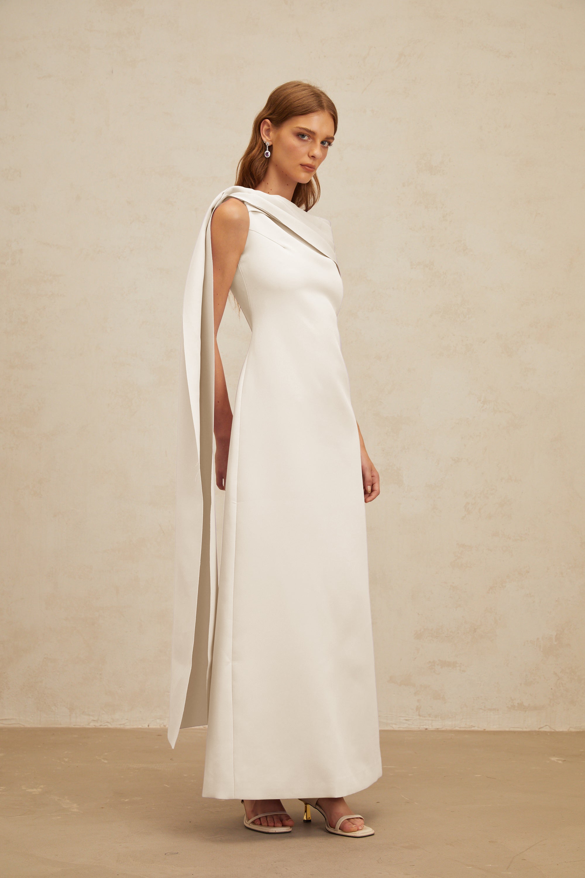 Annabelle White Cape-Design Ribbon Maxi Dress